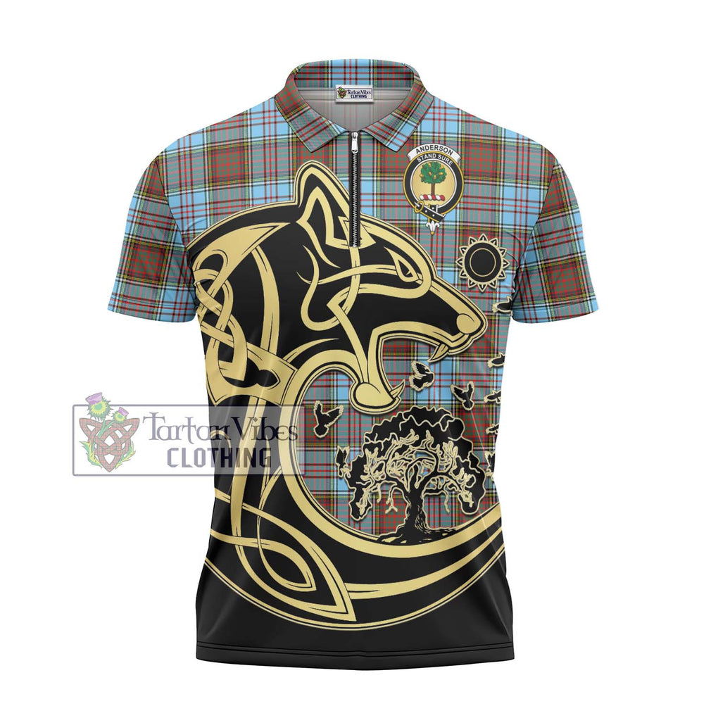 Anderson Ancient Tartan Zipper Polo Shirt with Family Crest Celtic Wolf Style - Tartanvibesclothing Shop