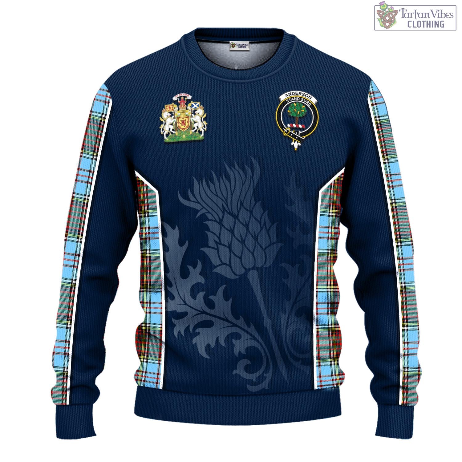 Tartan Vibes Clothing Anderson Ancient Tartan Knitted Sweatshirt with Family Crest and Scottish Thistle Vibes Sport Style