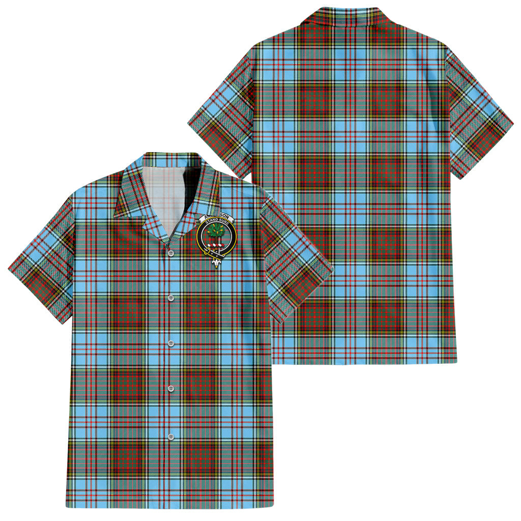 Anderson Ancient Tartan Short Sleeve Button Down Shirt with Family Crest - Tartanvibesclothing