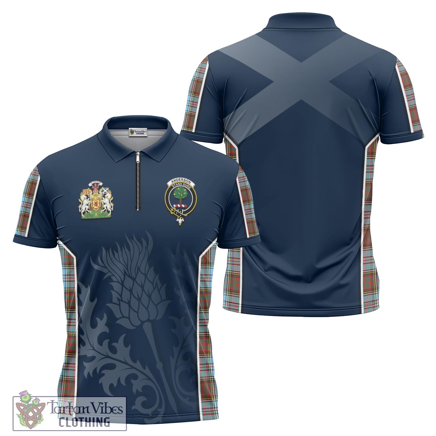 Tartan Vibes Clothing Anderson Ancient Tartan Zipper Polo Shirt with Family Crest and Scottish Thistle Vibes Sport Style