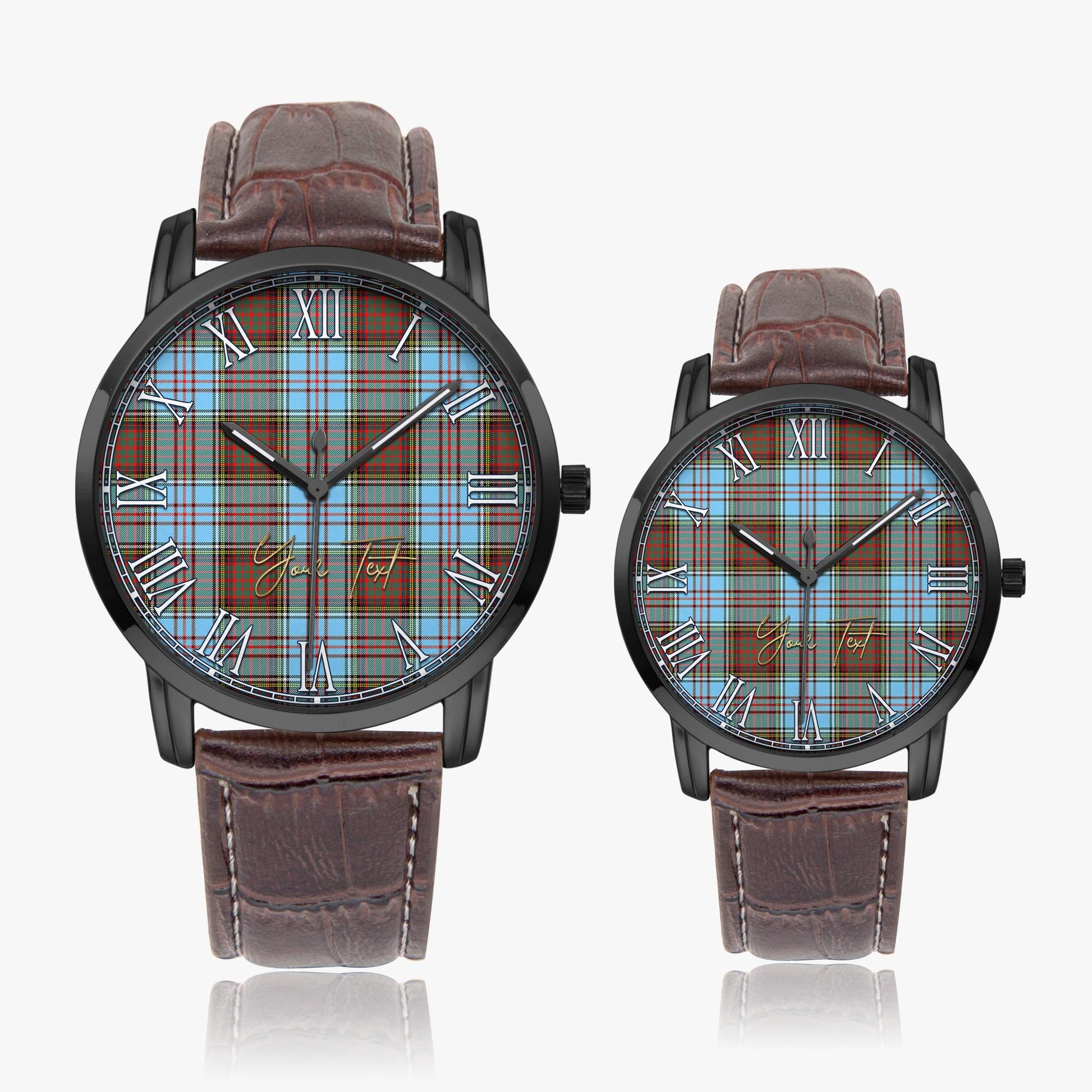 Anderson Ancient Tartan Personalized Your Text Leather Trap Quartz Watch Wide Type Black Case With Brown Leather Strap - Tartanvibesclothing