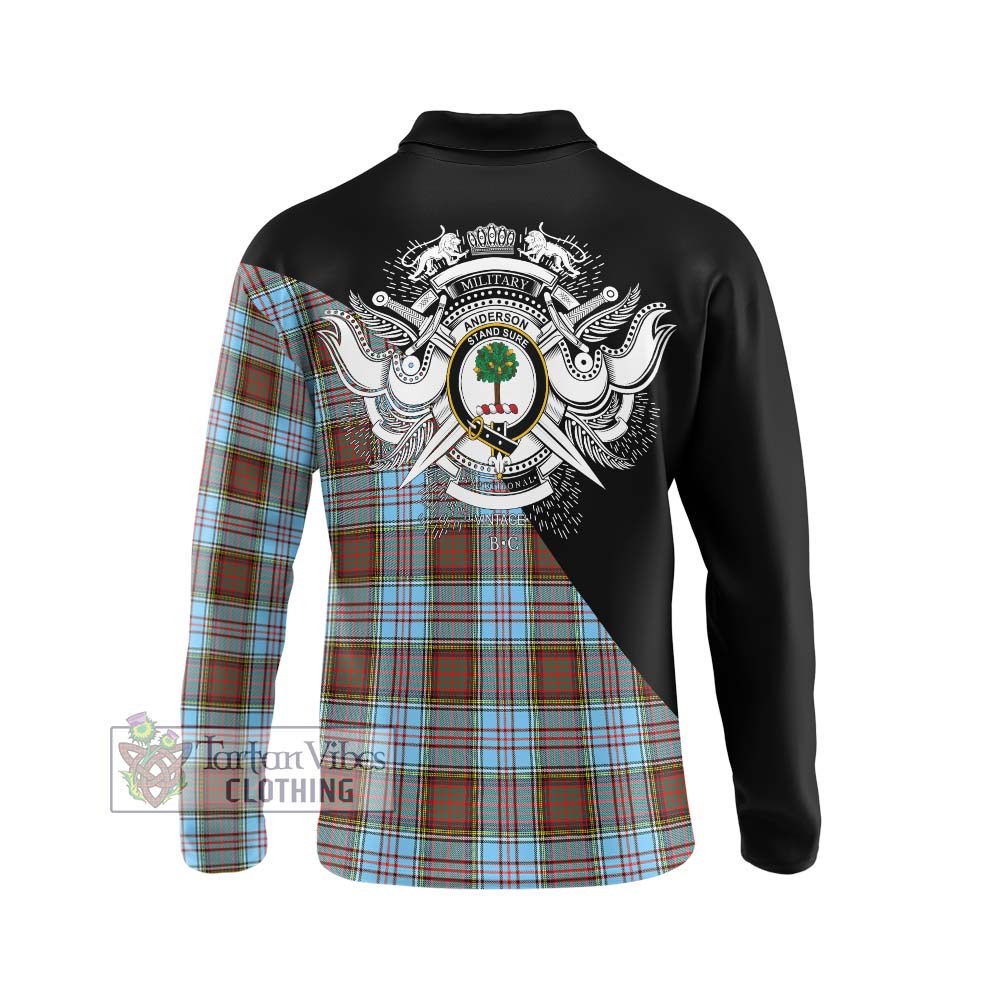 Anderson Ancient Tartan Long Sleeve Polo Shirt with Family Crest and Military Logo Style - Tartanvibesclothing Shop