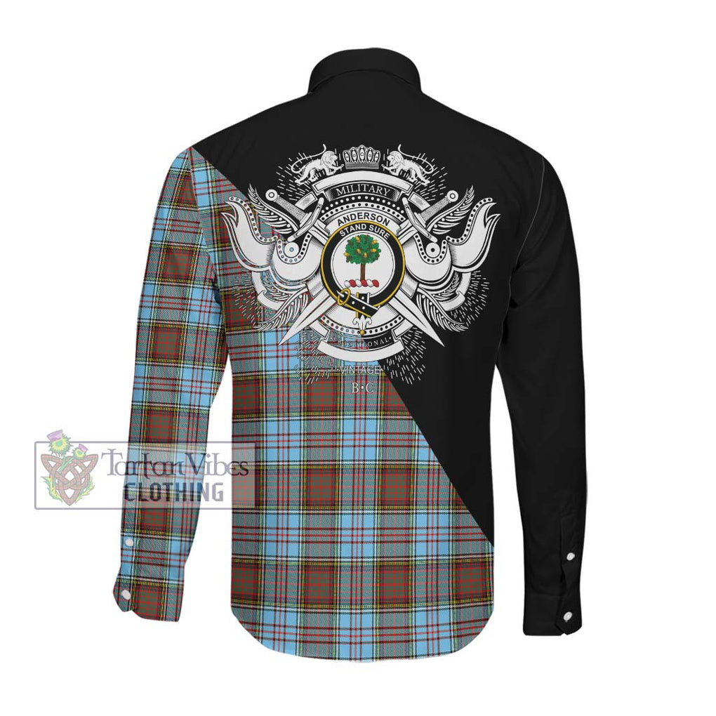 Anderson Ancient Tartan Long Sleeve Button Shirt with Family Crest and Military Logo Style Men's Shirt - Tartanvibesclothing Shop