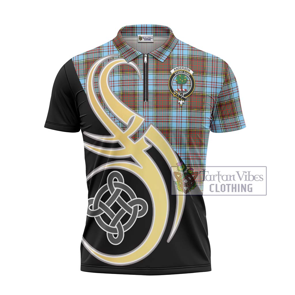 Tartan Vibes Clothing Anderson Ancient Tartan Zipper Polo Shirt with Family Crest and Celtic Symbol Style