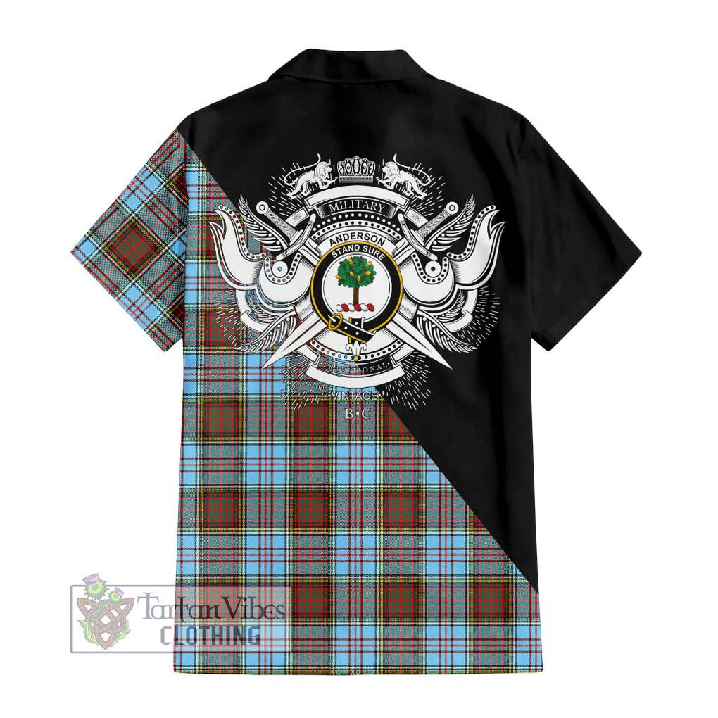 Anderson Ancient Tartan Short Sleeve Button Shirt with Family Crest and Military Logo Style - Tartanvibesclothing Shop