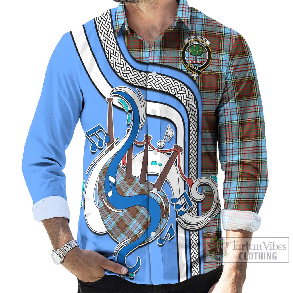 Anderson Ancient Tartan Long Sleeve Button Shirt with Epic Bagpipe Style - Tartanvibesclothing Shop