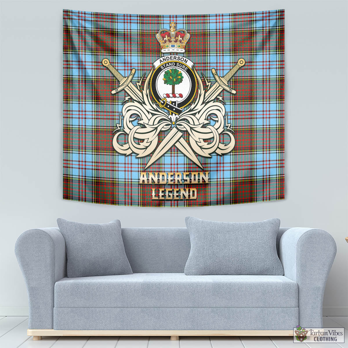 Tartan Vibes Clothing Anderson Ancient Tartan Tapestry with Clan Crest and the Golden Sword of Courageous Legacy