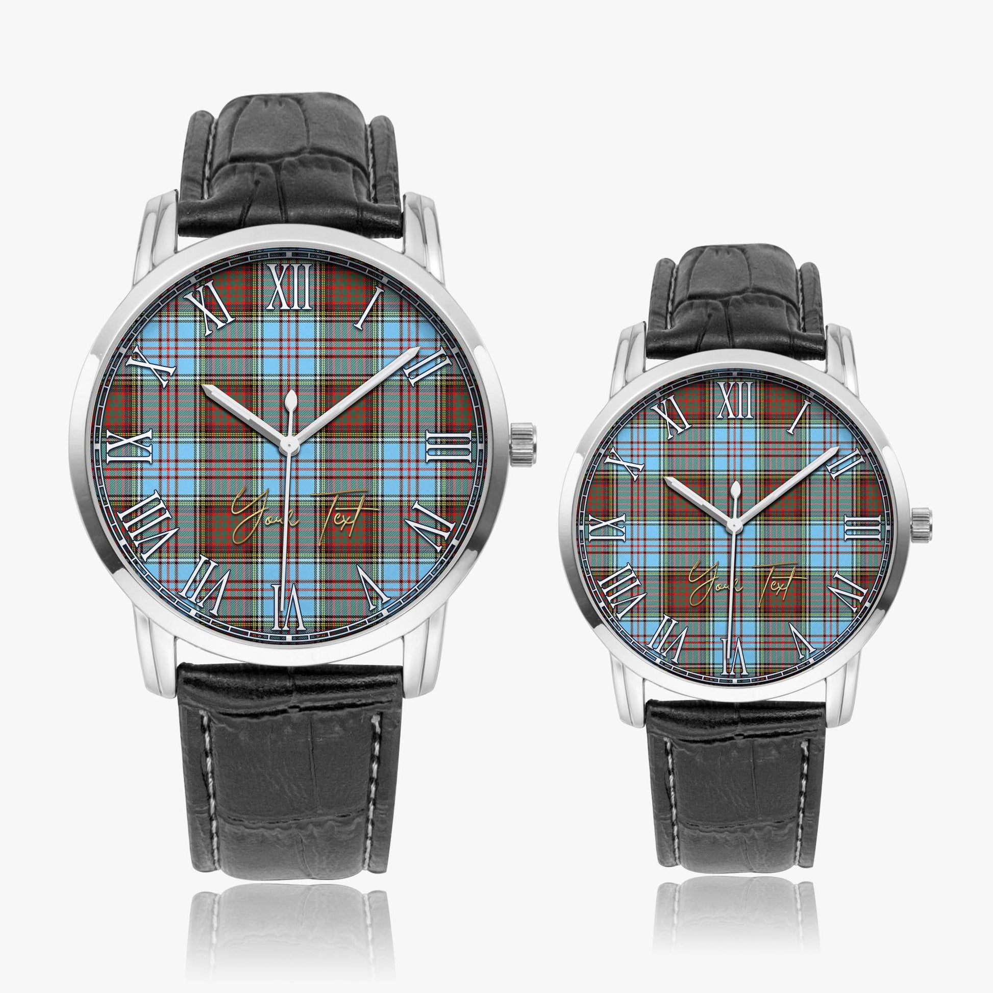 Anderson Ancient Tartan Personalized Your Text Leather Trap Quartz Watch Wide Type Silver Case With Black Leather Strap - Tartanvibesclothing