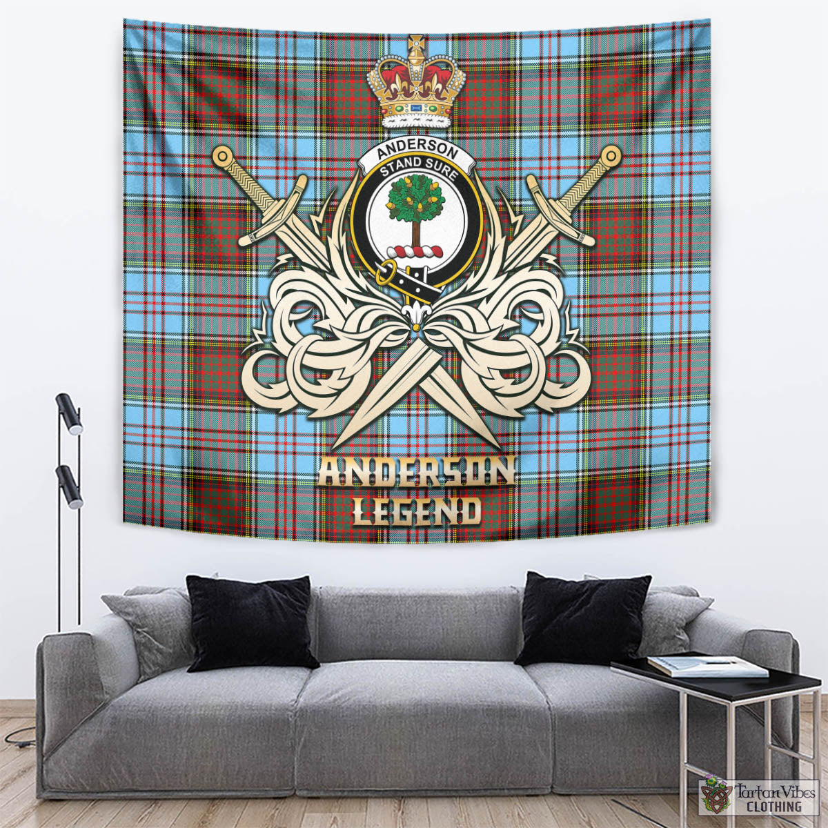 Tartan Vibes Clothing Anderson Ancient Tartan Tapestry with Clan Crest and the Golden Sword of Courageous Legacy