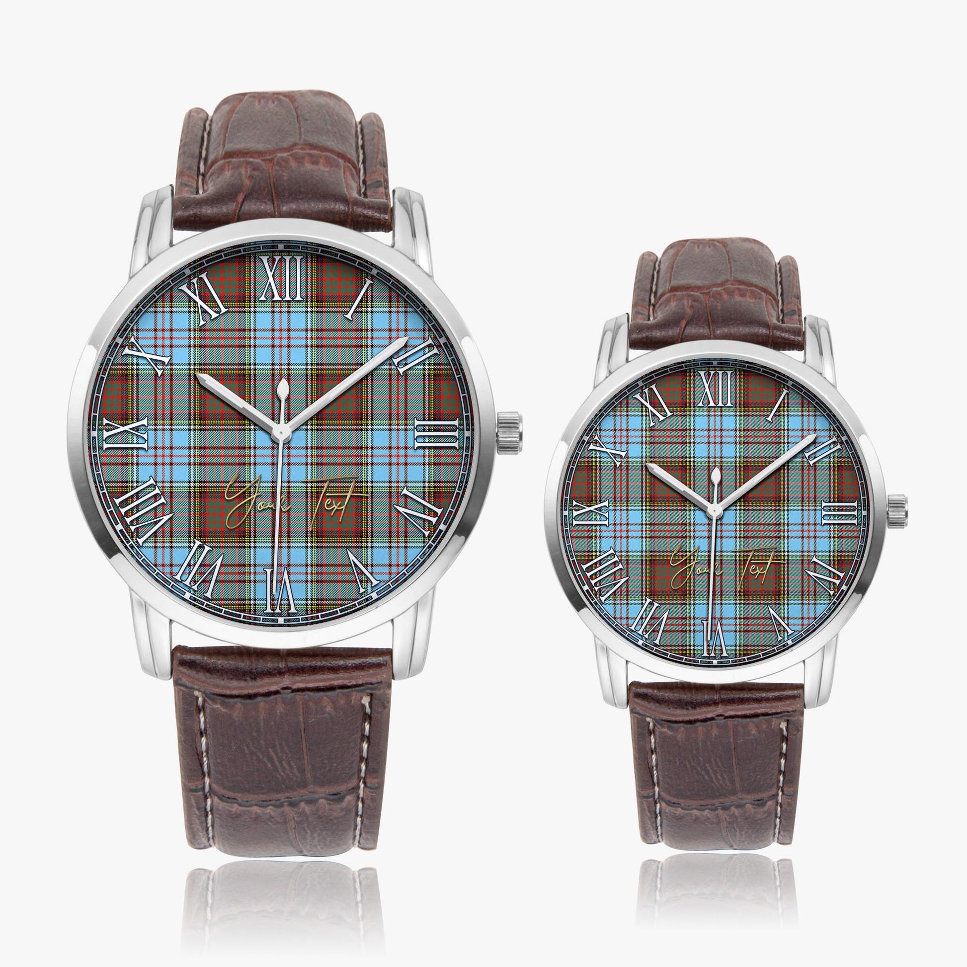 Anderson Ancient Tartan Personalized Your Text Leather Trap Quartz Watch Wide Type Silver Case With Brown Leather Strap - Tartanvibesclothing