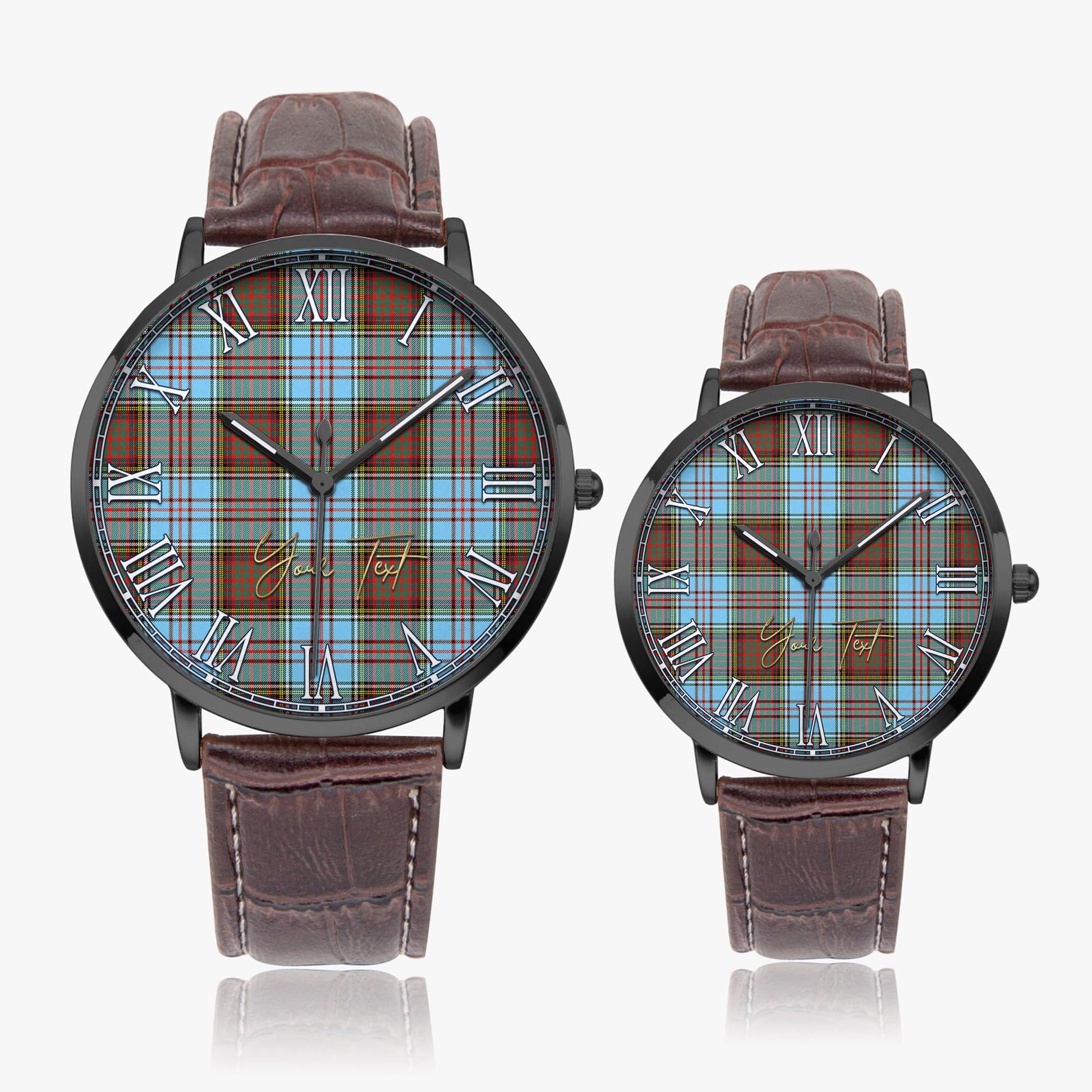 Anderson Ancient Tartan Personalized Your Text Leather Trap Quartz Watch Ultra Thin Black Case With Brown Leather Strap - Tartanvibesclothing