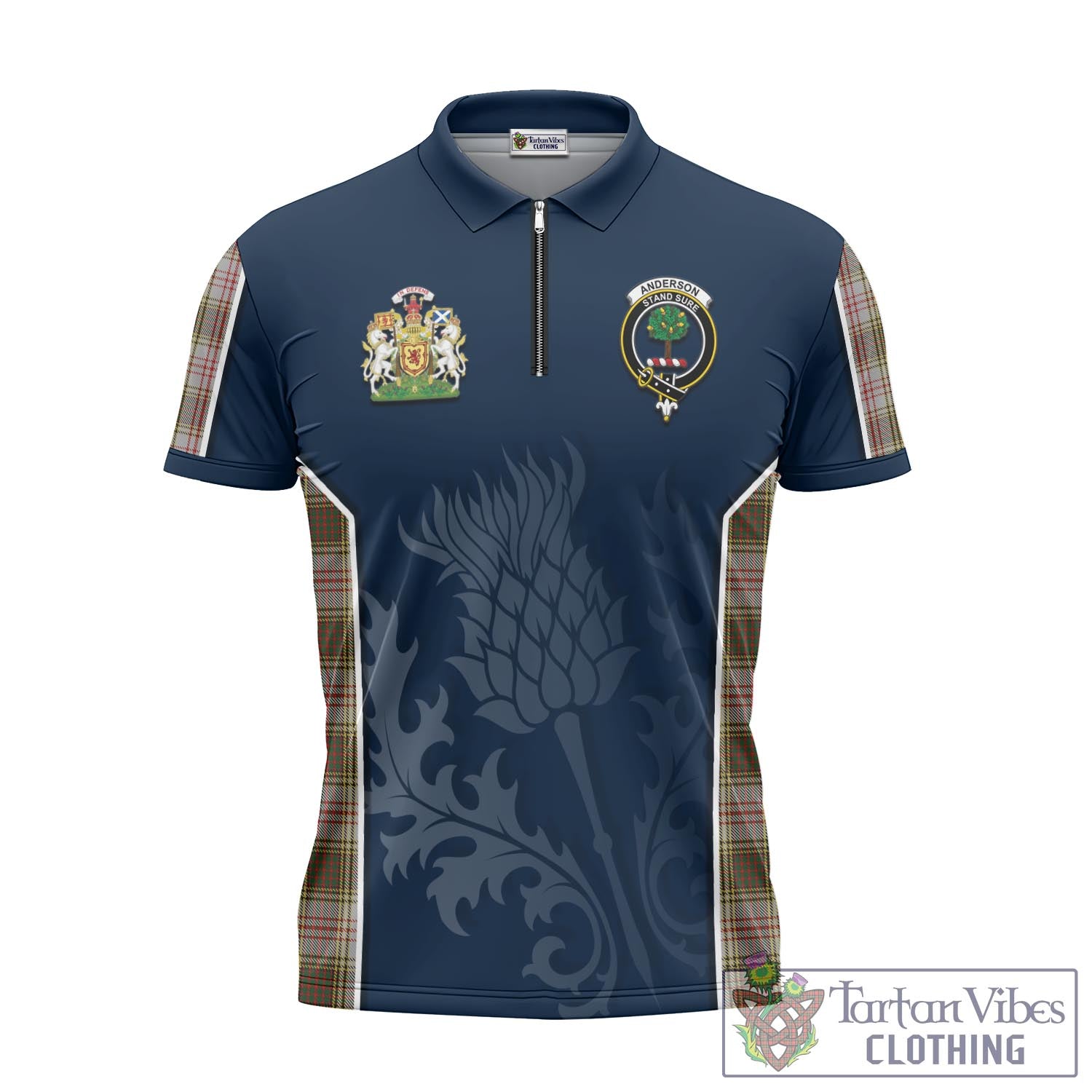 Tartan Vibes Clothing Anderson Dress Tartan Zipper Polo Shirt with Family Crest and Scottish Thistle Vibes Sport Style