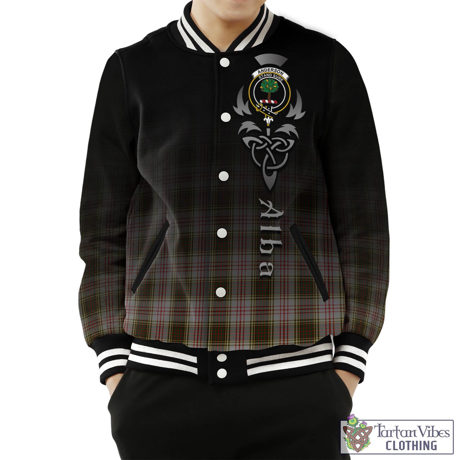 Tartan Vibes Clothing Anderson Dress Tartan Baseball Jacket Featuring Alba Gu Brath Family Crest Celtic Inspired