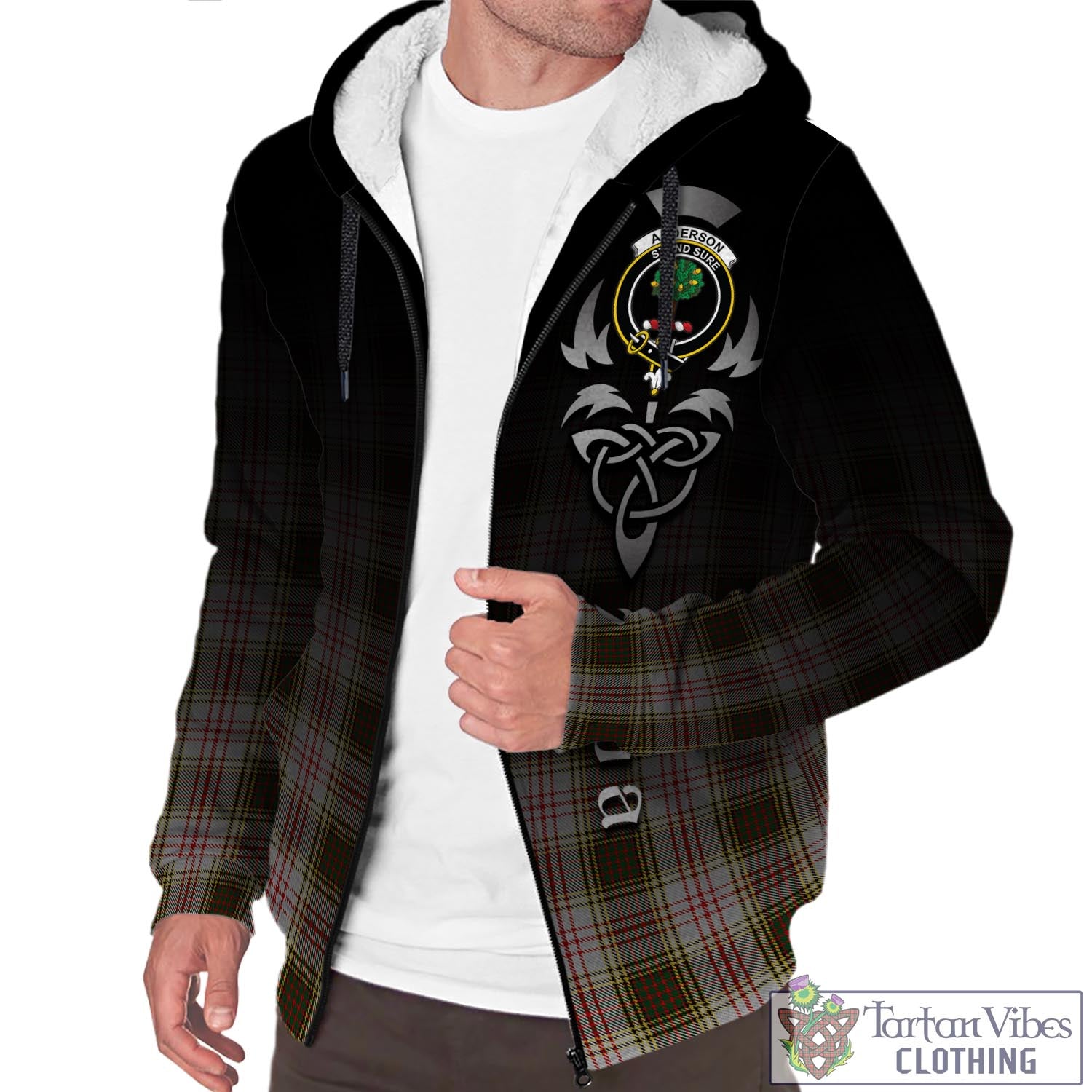 Tartan Vibes Clothing Anderson Dress Tartan Sherpa Hoodie Featuring Alba Gu Brath Family Crest Celtic Inspired