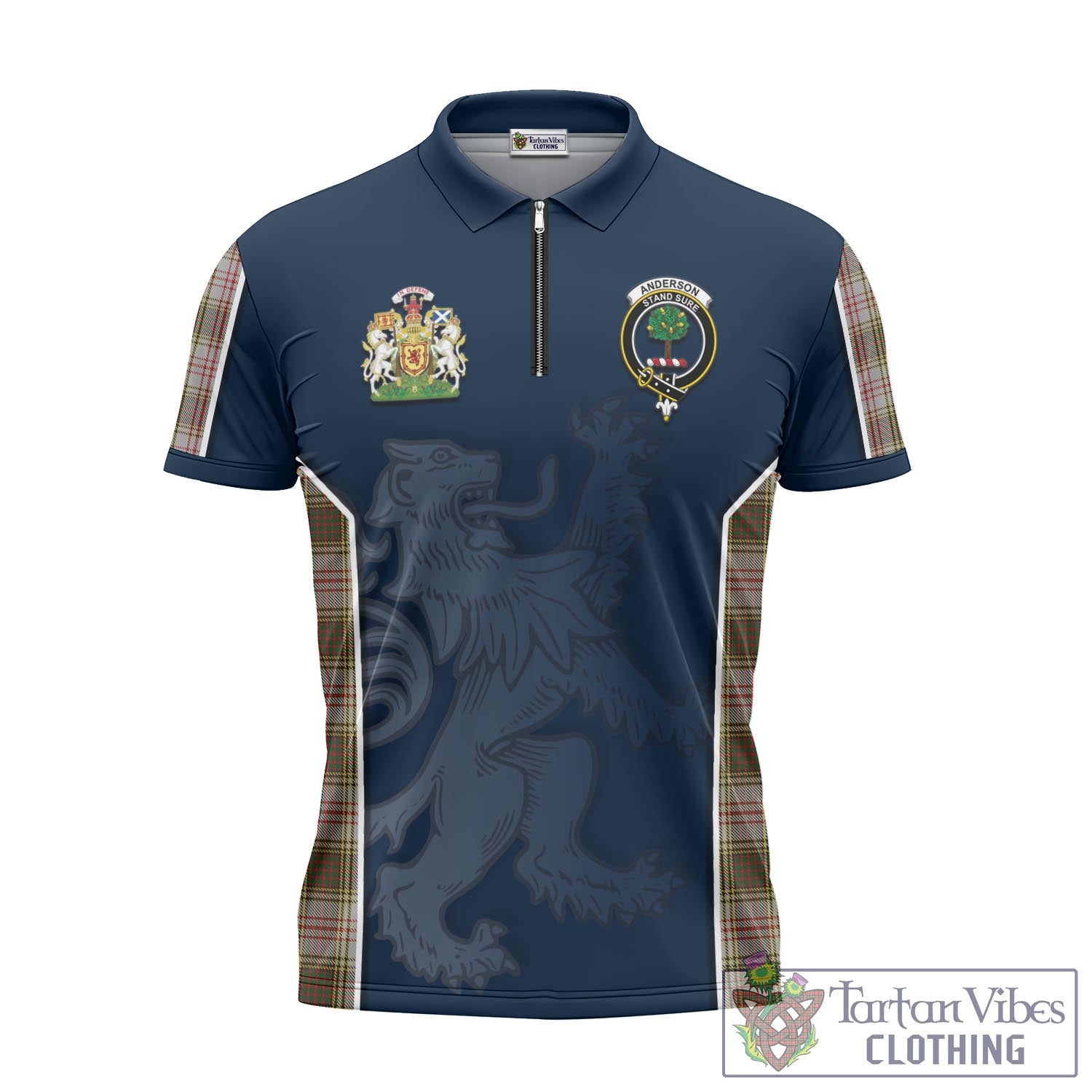 Tartan Vibes Clothing Anderson Dress Tartan Zipper Polo Shirt with Family Crest and Lion Rampant Vibes Sport Style