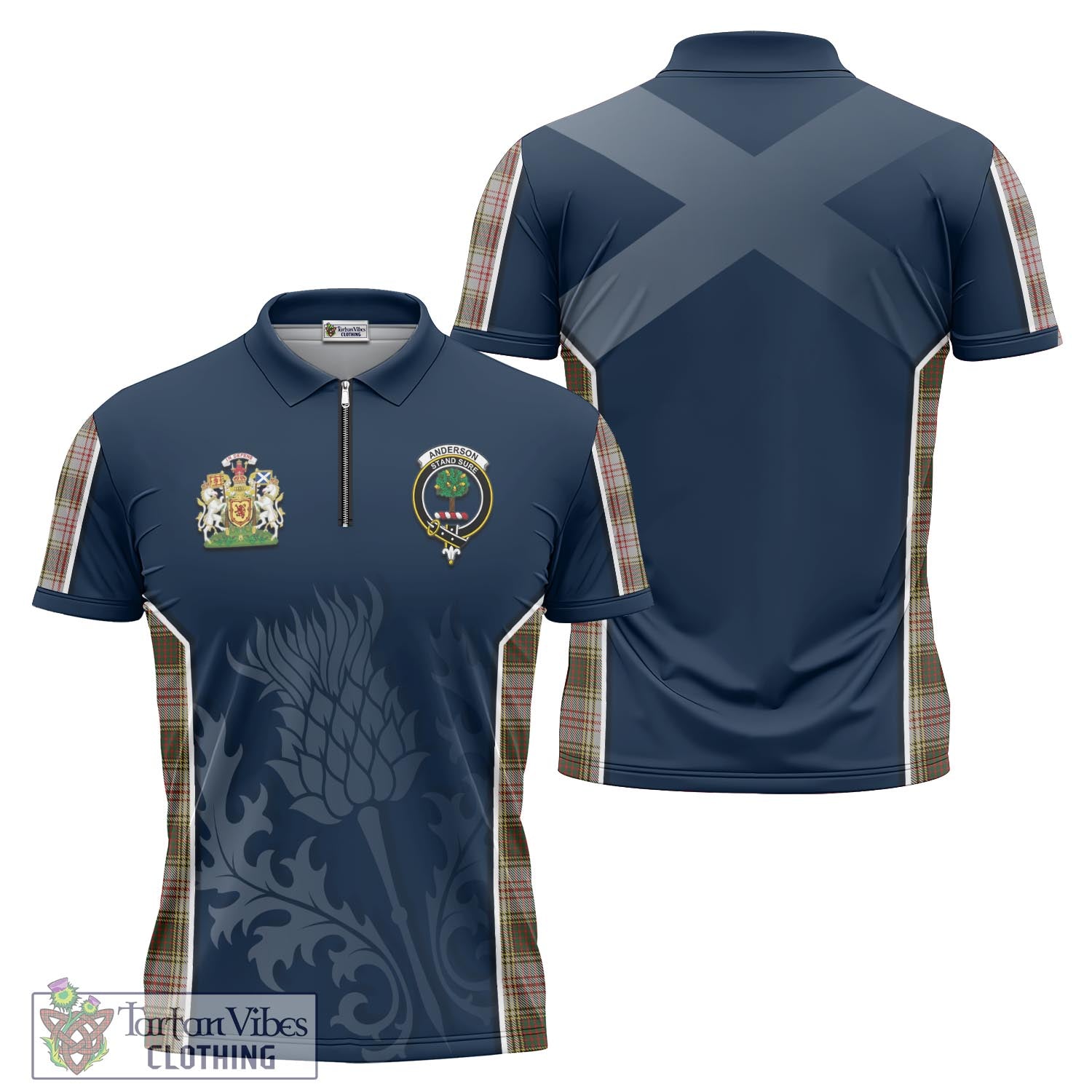 Tartan Vibes Clothing Anderson Dress Tartan Zipper Polo Shirt with Family Crest and Scottish Thistle Vibes Sport Style