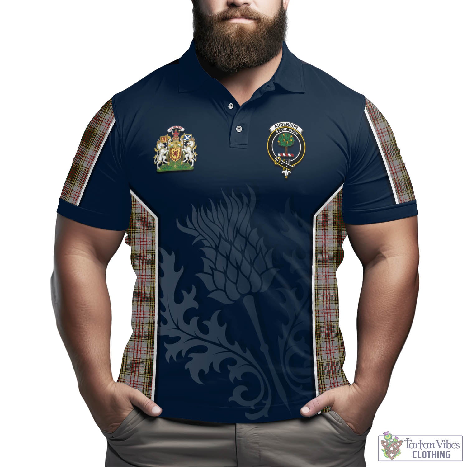 Tartan Vibes Clothing Anderson Dress Tartan Men's Polo Shirt with Family Crest and Scottish Thistle Vibes Sport Style