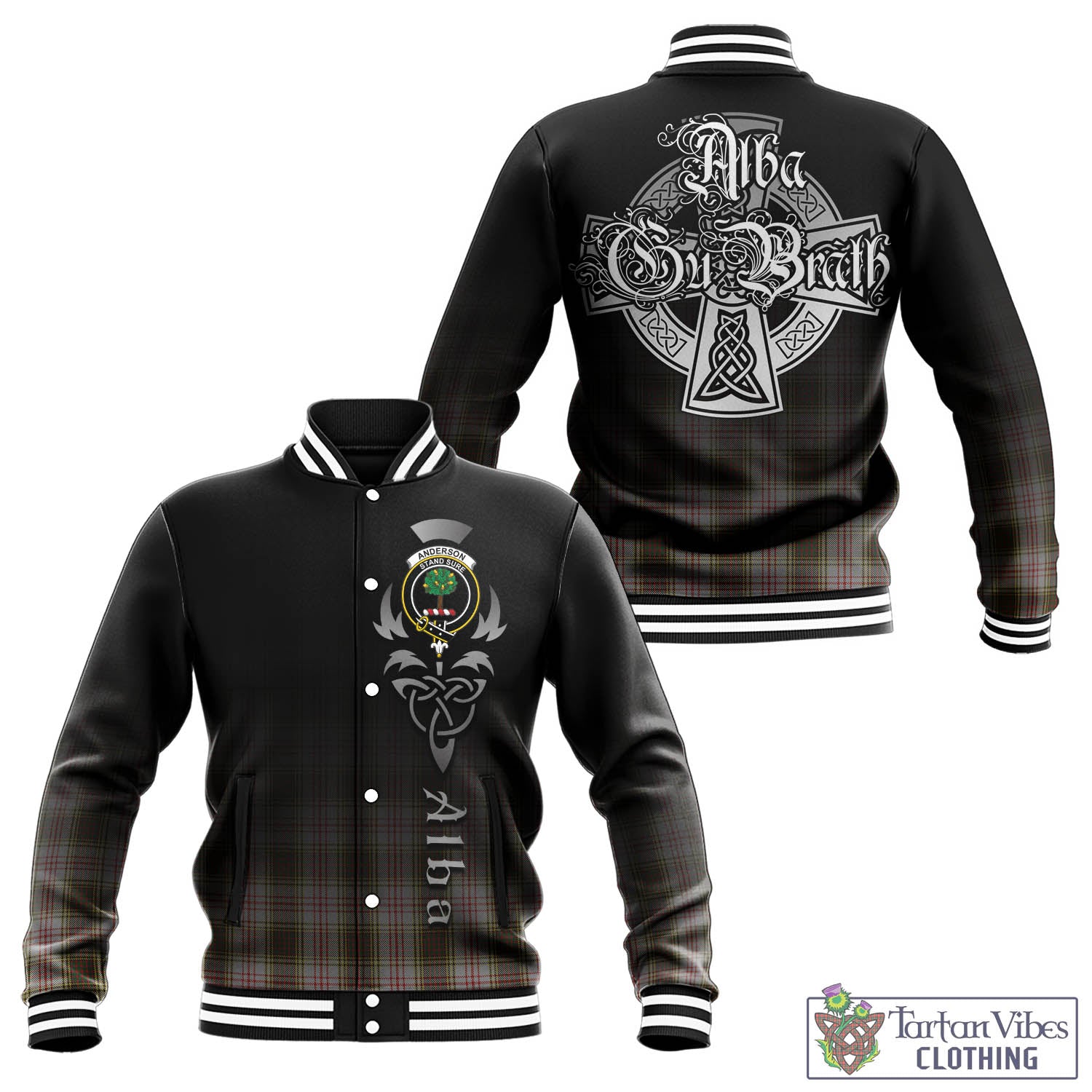 Tartan Vibes Clothing Anderson Dress Tartan Baseball Jacket Featuring Alba Gu Brath Family Crest Celtic Inspired