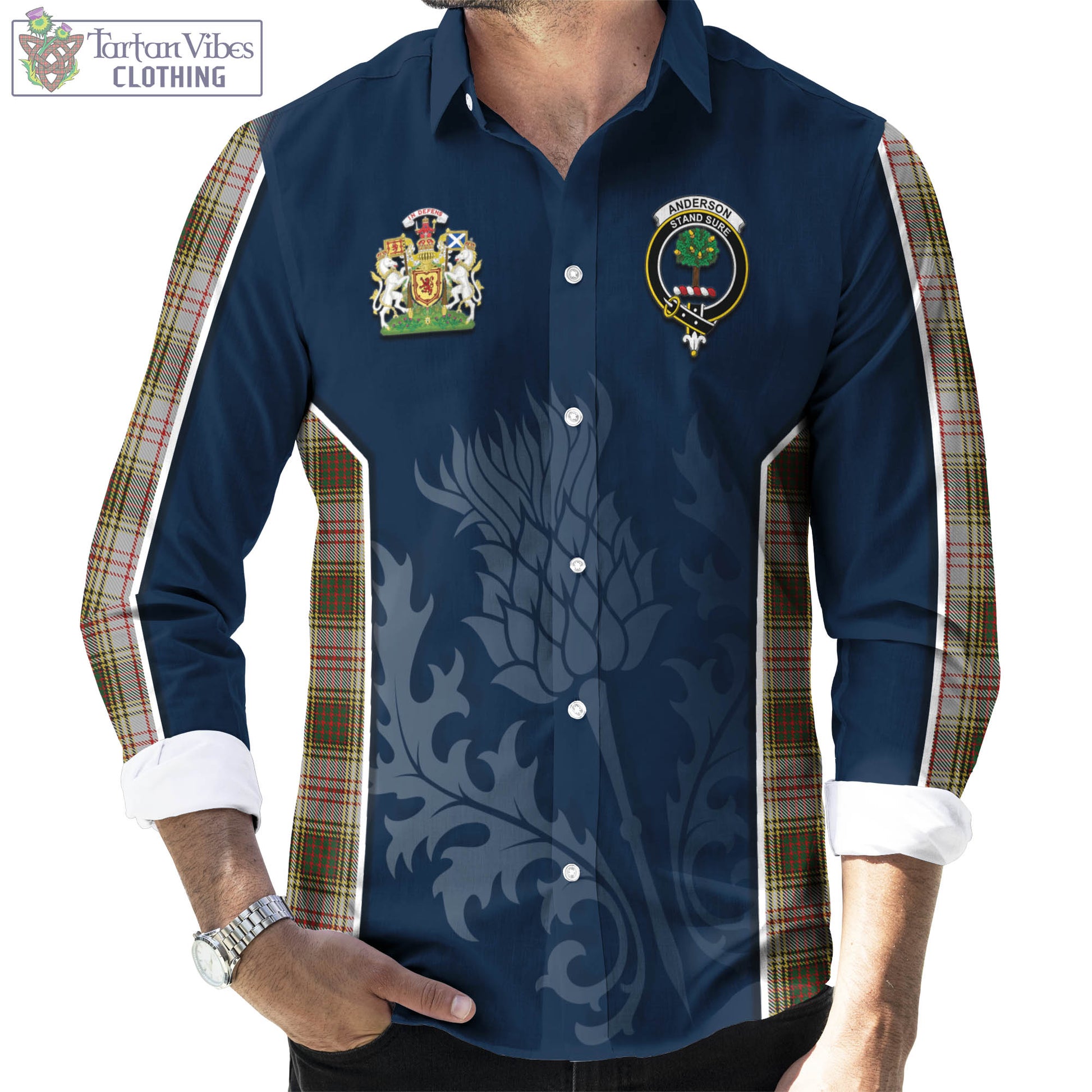 Tartan Vibes Clothing Anderson Dress Tartan Long Sleeve Button Up Shirt with Family Crest and Scottish Thistle Vibes Sport Style