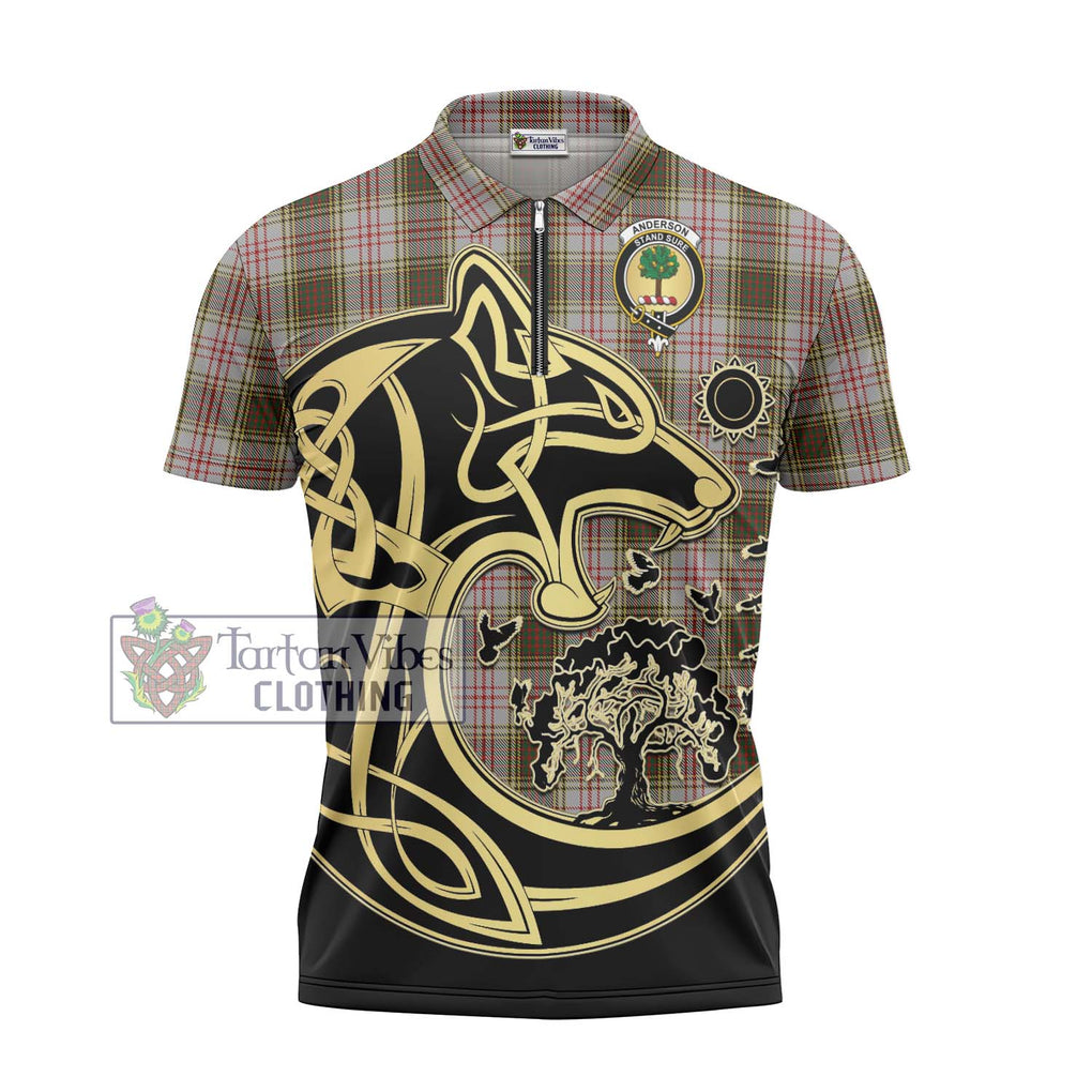 Anderson Dress Tartan Zipper Polo Shirt with Family Crest Celtic Wolf Style - Tartanvibesclothing Shop