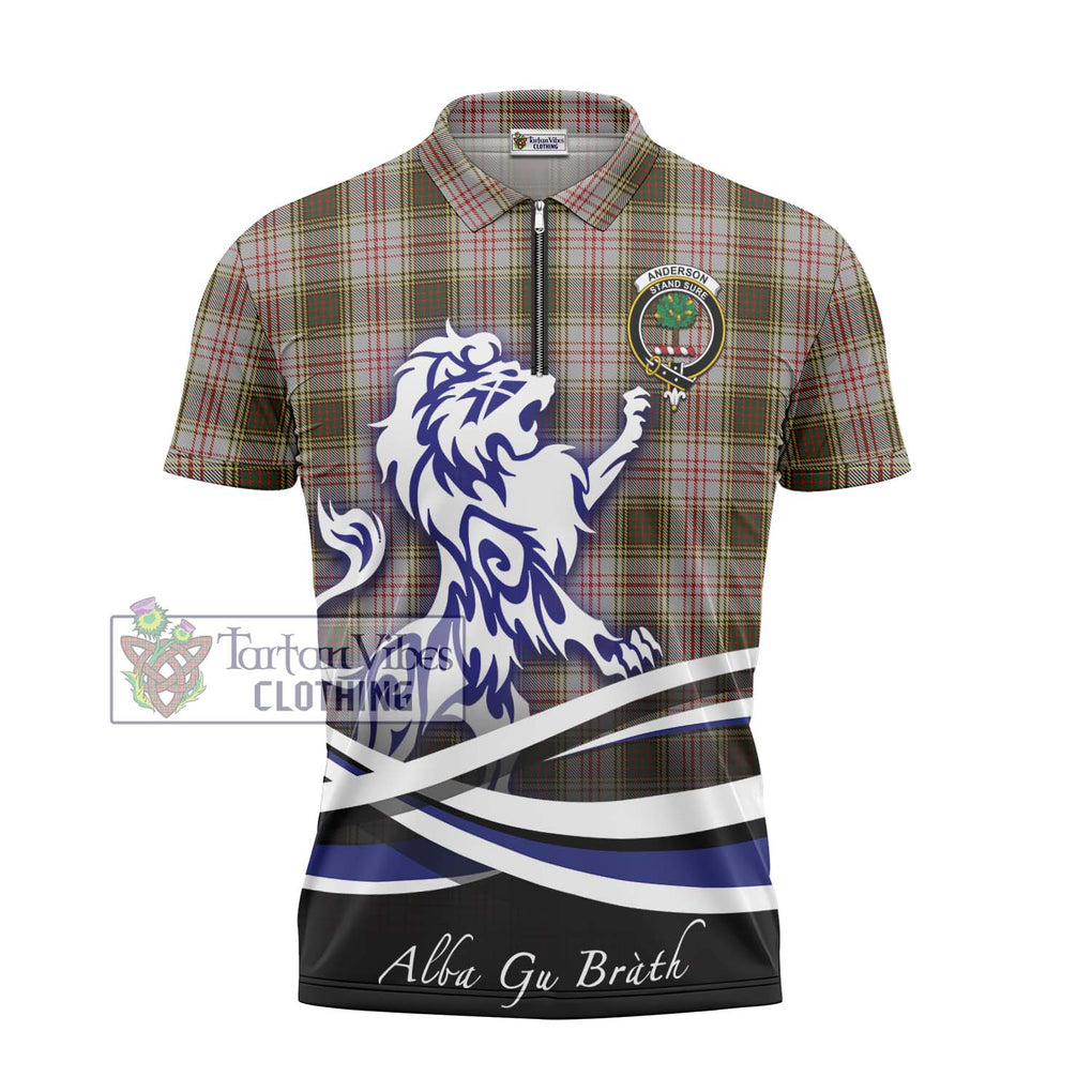 Anderson Dress Tartan Zipper Polo Shirt with Alba Gu Brath Regal Lion Emblem - Tartanvibesclothing Shop