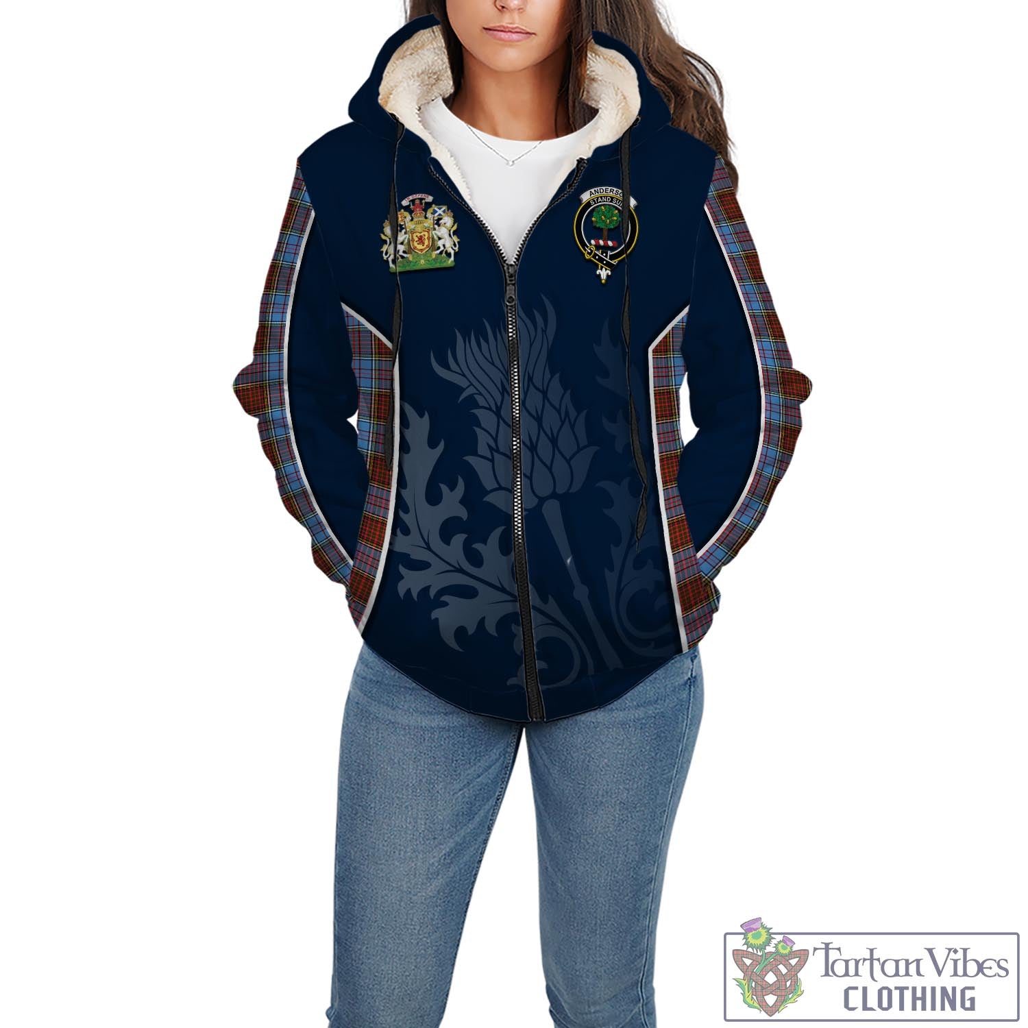 Tartan Vibes Clothing Anderson Modern Tartan Sherpa Hoodie with Family Crest and Scottish Thistle Vibes Sport Style