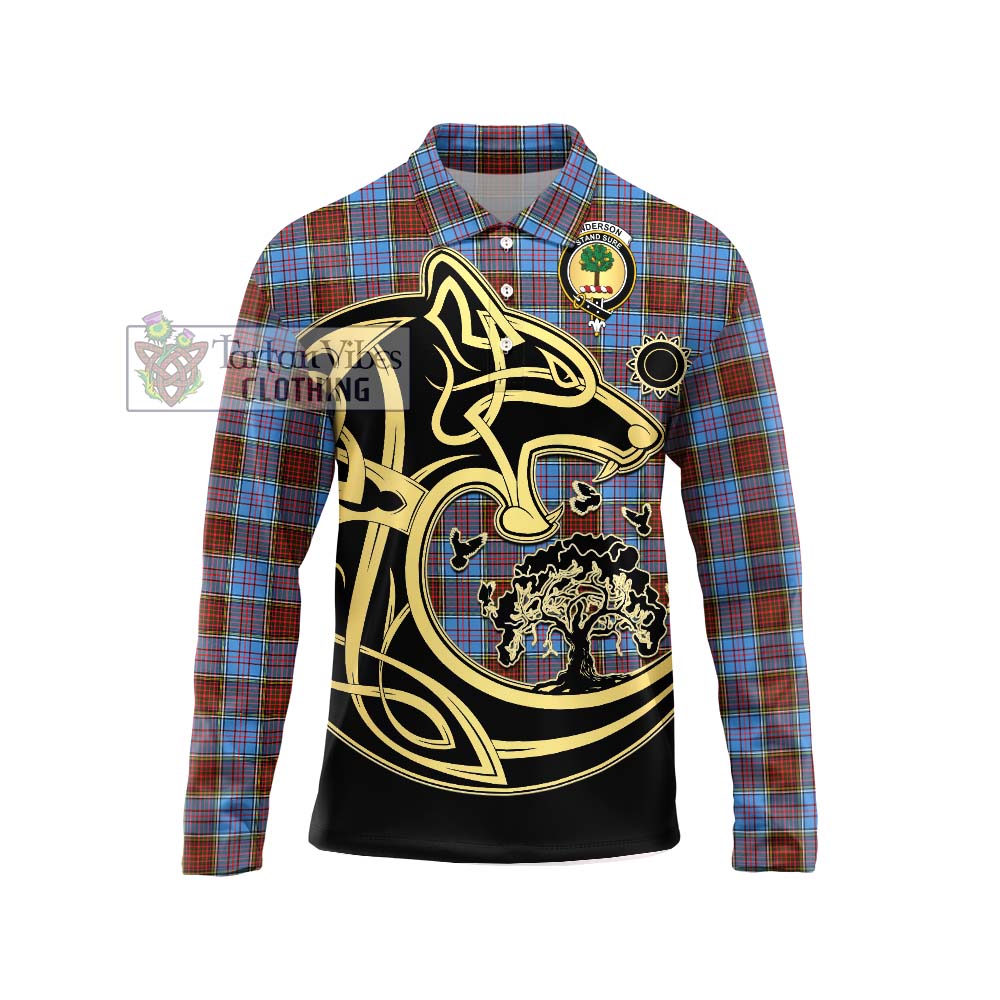 Anderson Modern Tartan Long Sleeve Polo Shirt with Family Crest Celtic Wolf Style Unisex - Tartanvibesclothing Shop