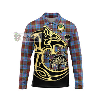 Anderson Modern Tartan Long Sleeve Polo Shirt with Family Crest Celtic Wolf Style