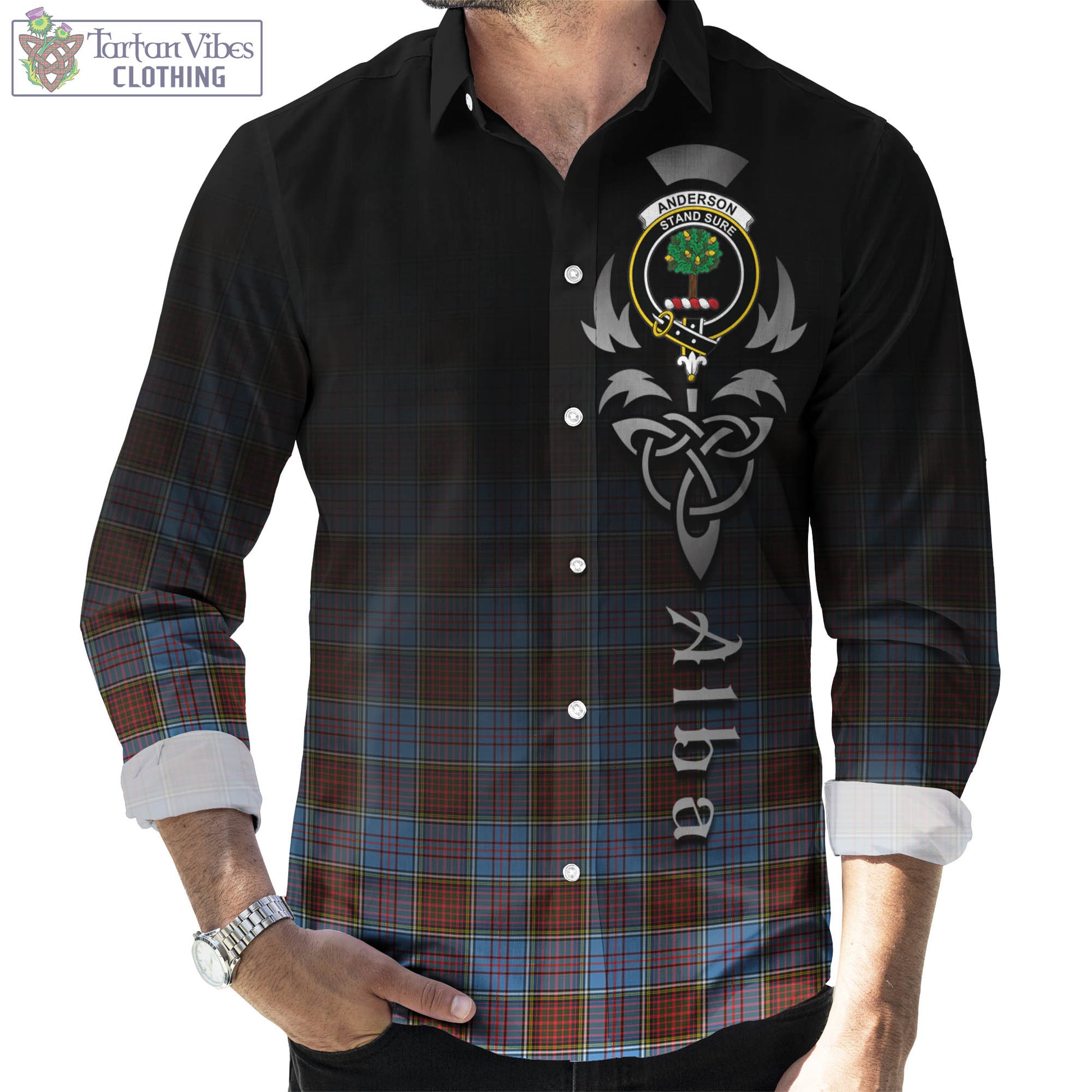 Tartan Vibes Clothing Anderson Modern Tartan Long Sleeve Button Up Featuring Alba Gu Brath Family Crest Celtic Inspired