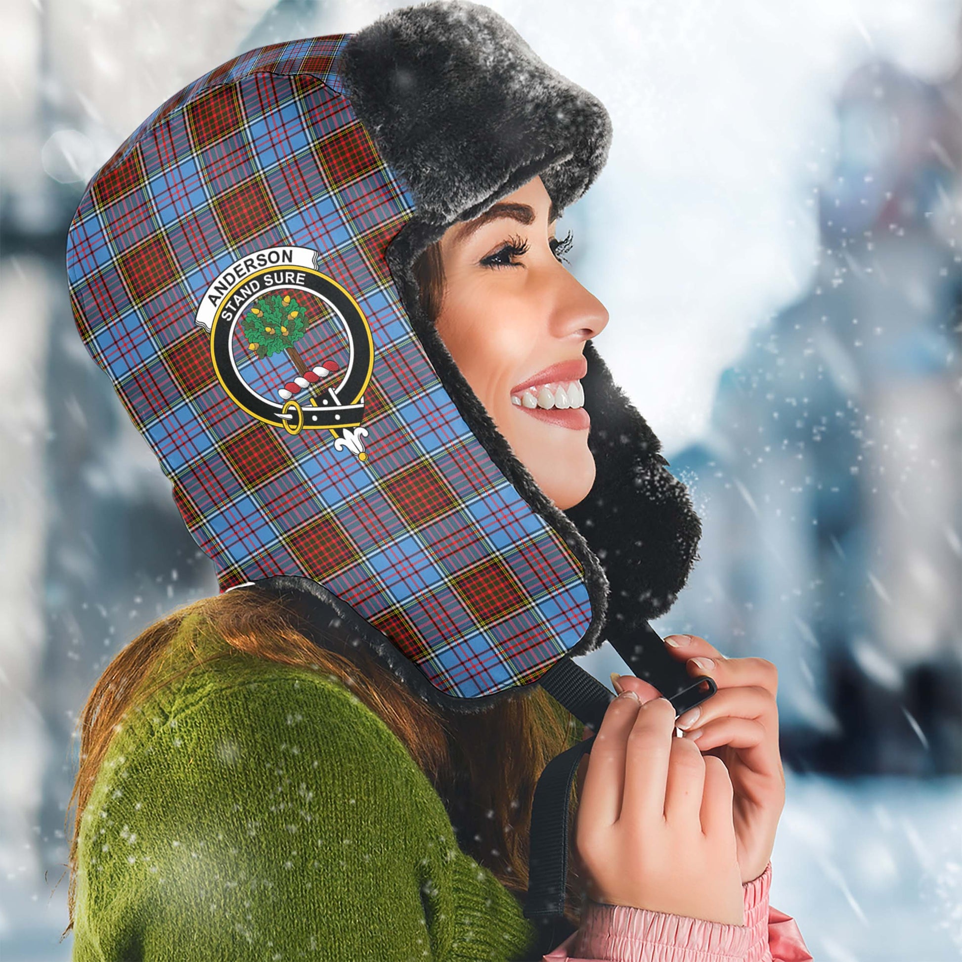 Anderson Modern Tartan Winter Trapper Hat with Family Crest Winter Trapper Hat Universal Fit Circumference 22.8in (58cm) - Tartanvibesclothing