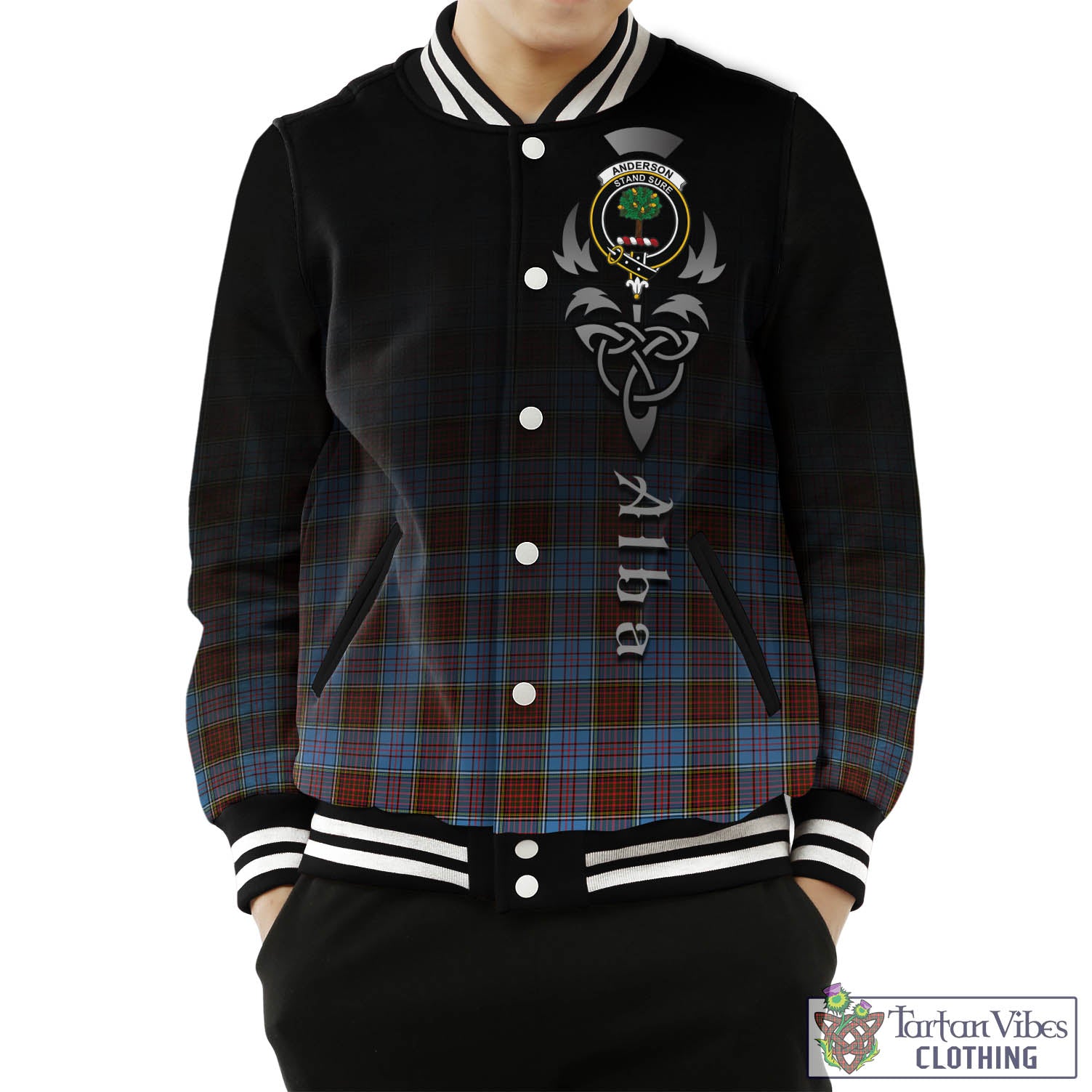 Tartan Vibes Clothing Anderson Modern Tartan Baseball Jacket Featuring Alba Gu Brath Family Crest Celtic Inspired