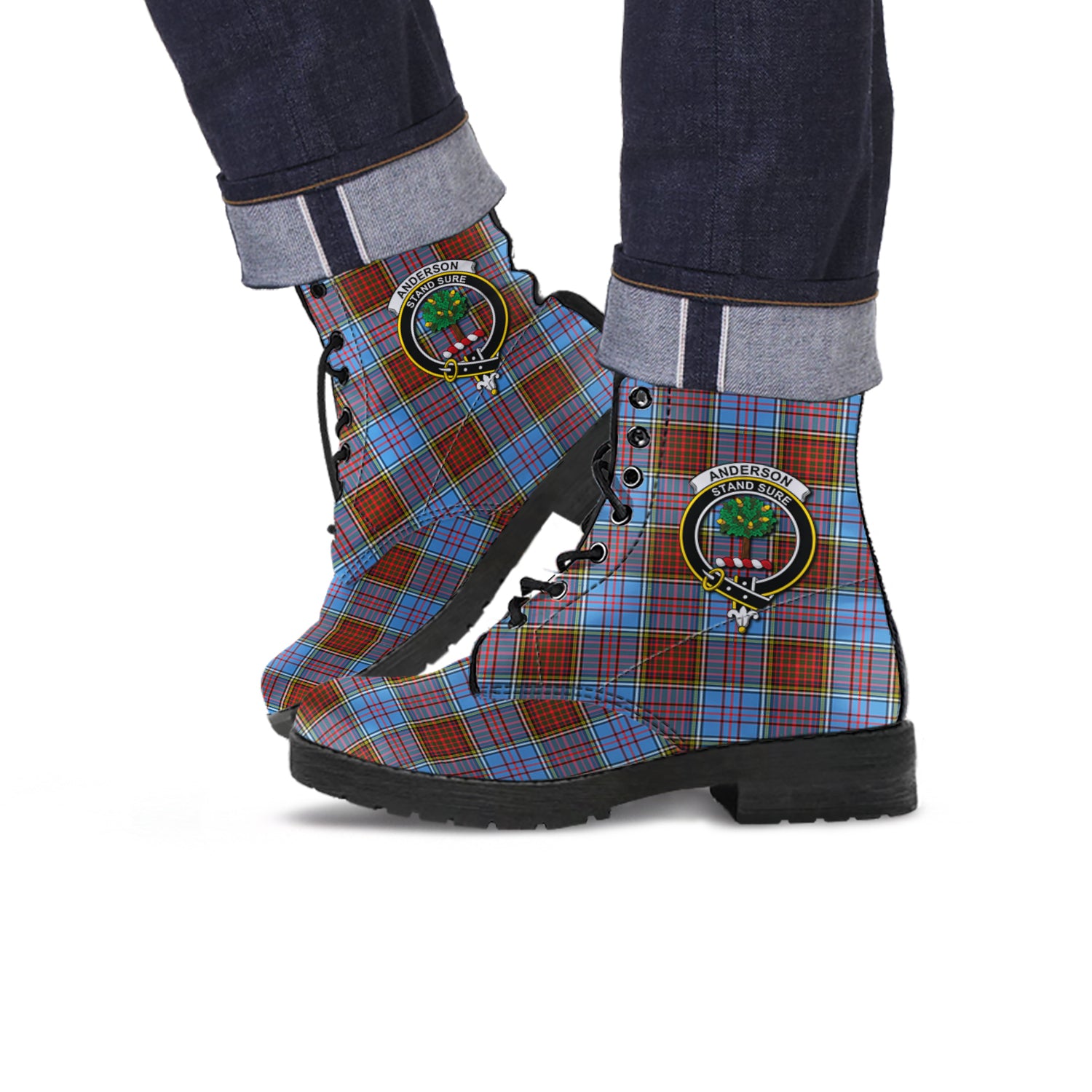 Anderson Modern Tartan Leather Boots with Family Crest - Tartanvibesclothing