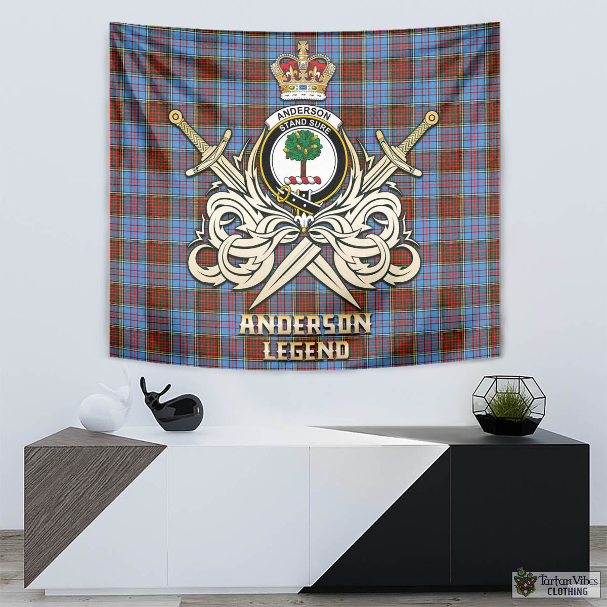 Tartan Vibes Clothing Anderson Modern Tartan Tapestry with Clan Crest and the Golden Sword of Courageous Legacy