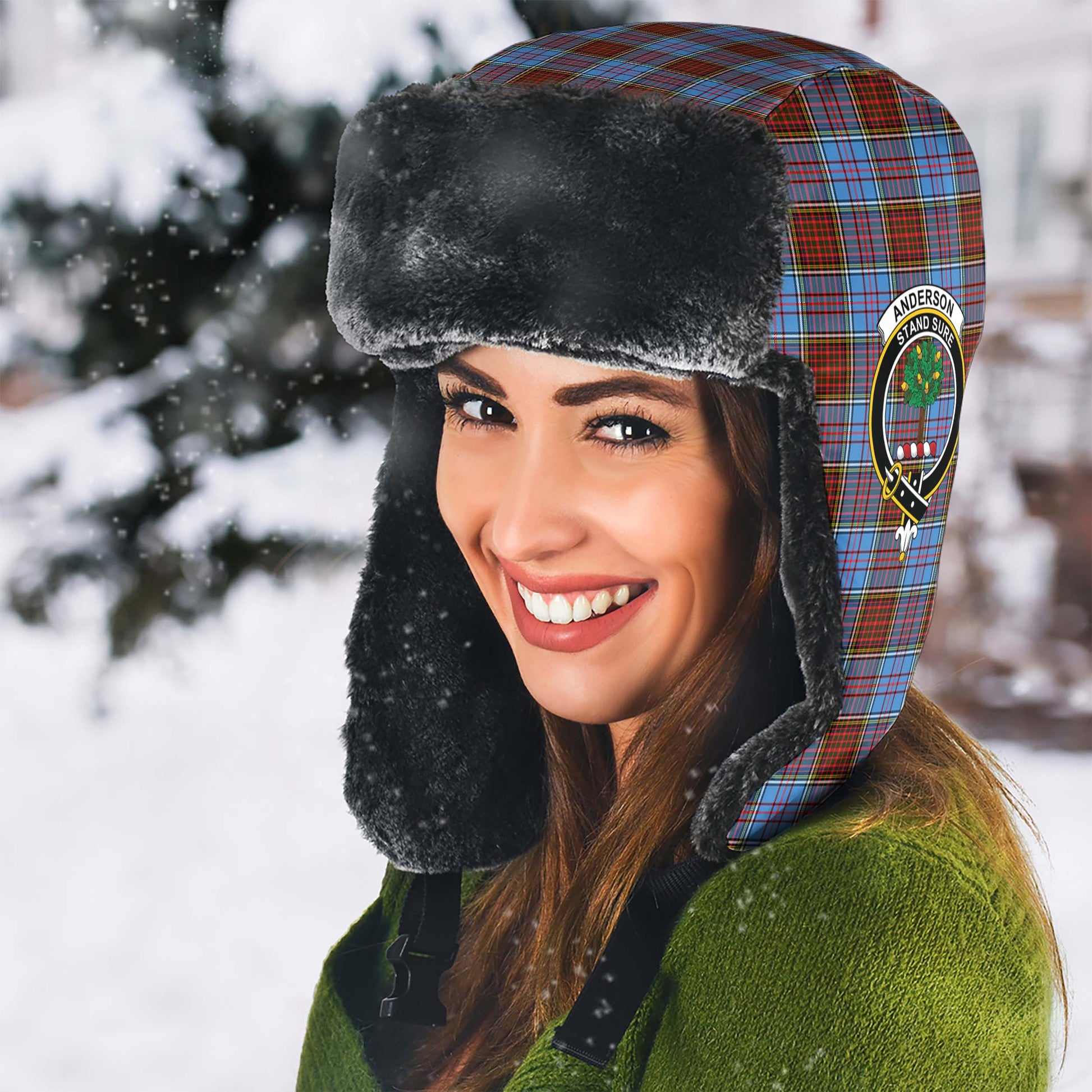 Anderson Modern Tartan Winter Trapper Hat with Family Crest - Tartanvibesclothing