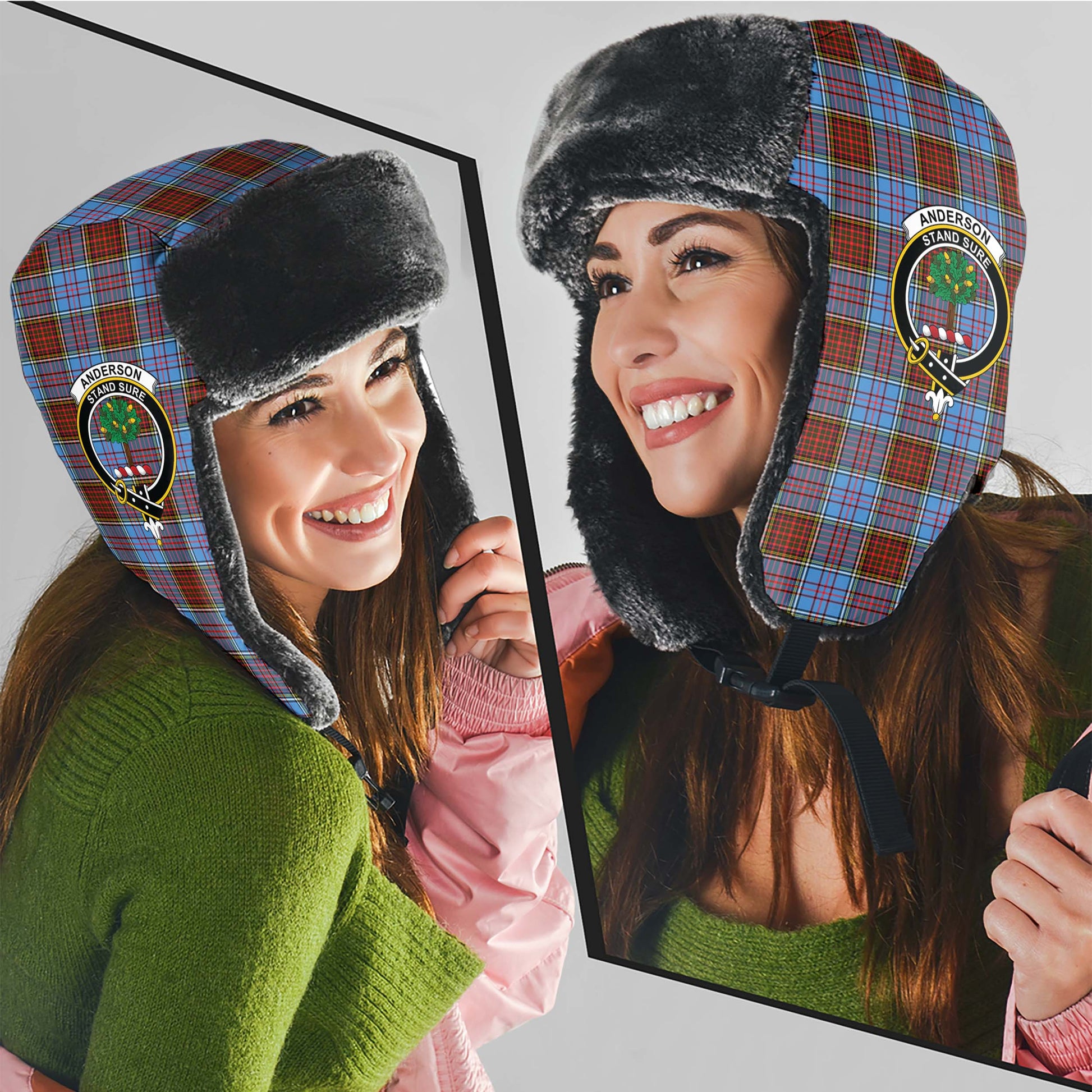 Anderson Modern Tartan Winter Trapper Hat with Family Crest - Tartanvibesclothing