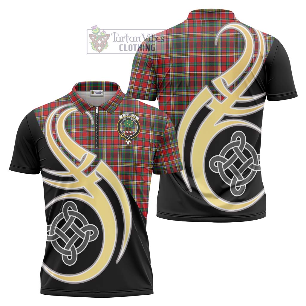 Tartan Vibes Clothing Anderson of Arbrake Tartan Zipper Polo Shirt with Family Crest and Celtic Symbol Style