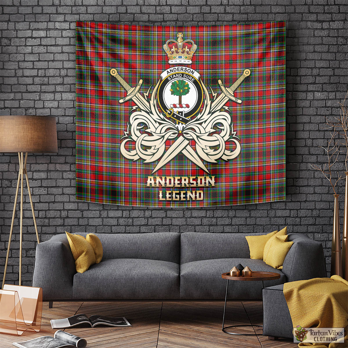 Tartan Vibes Clothing Anderson of Arbrake Tartan Tapestry with Clan Crest and the Golden Sword of Courageous Legacy