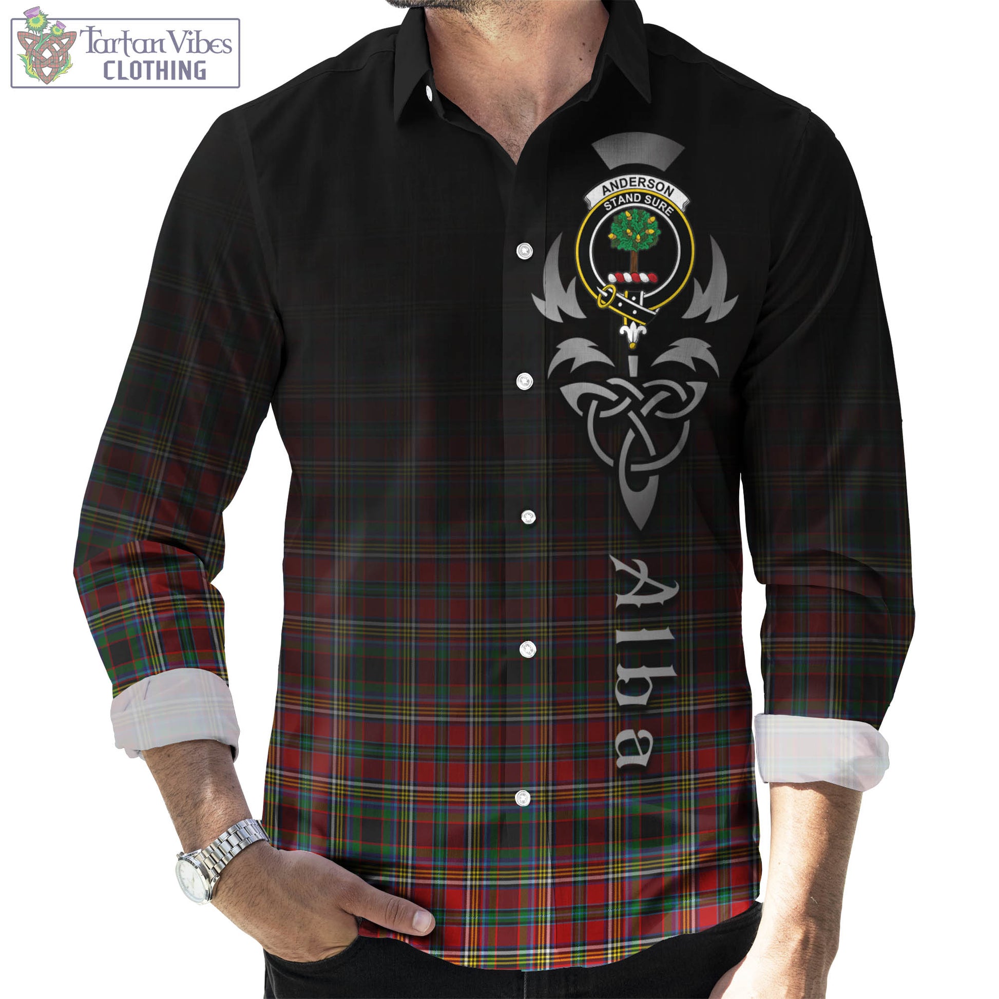 Tartan Vibes Clothing Anderson of Arbrake Tartan Long Sleeve Button Up Featuring Alba Gu Brath Family Crest Celtic Inspired