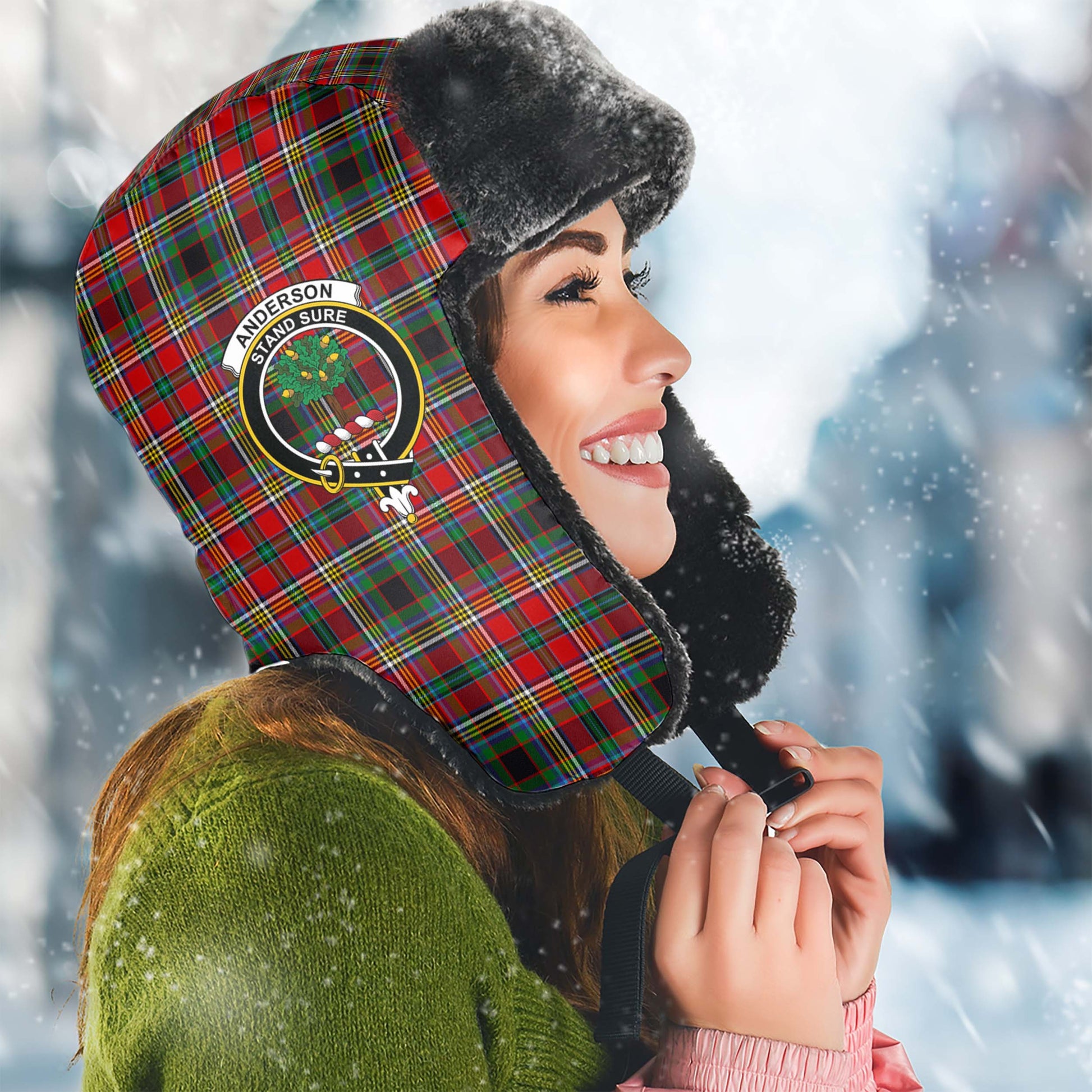 Anderson of Arbrake Tartan Winter Trapper Hat with Family Crest Winter Trapper Hat Universal Fit Circumference 22.8in (58cm) - Tartanvibesclothing