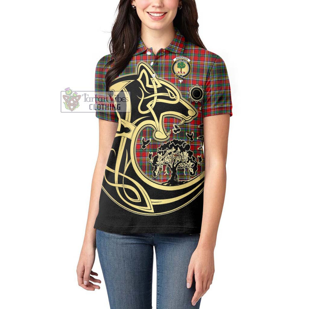 Anderson of Arbrake Tartan Women's Polo Shirt with Family Crest Celtic Wolf Style - Tartanvibesclothing Shop