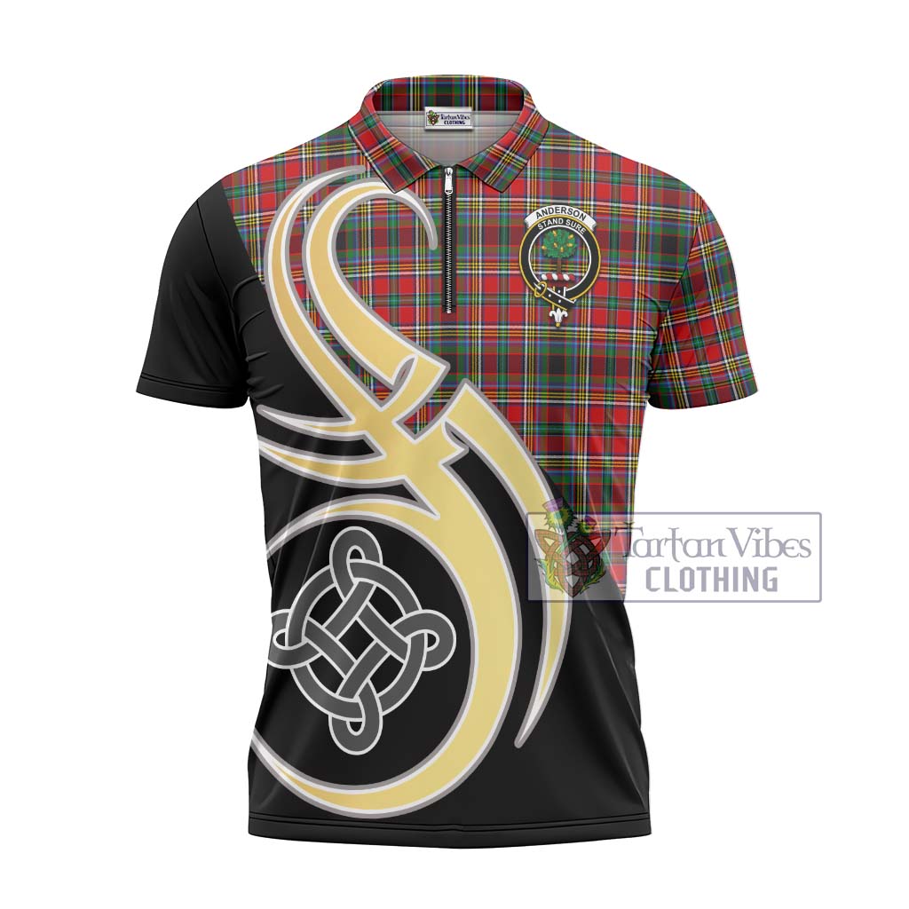 Tartan Vibes Clothing Anderson of Arbrake Tartan Zipper Polo Shirt with Family Crest and Celtic Symbol Style