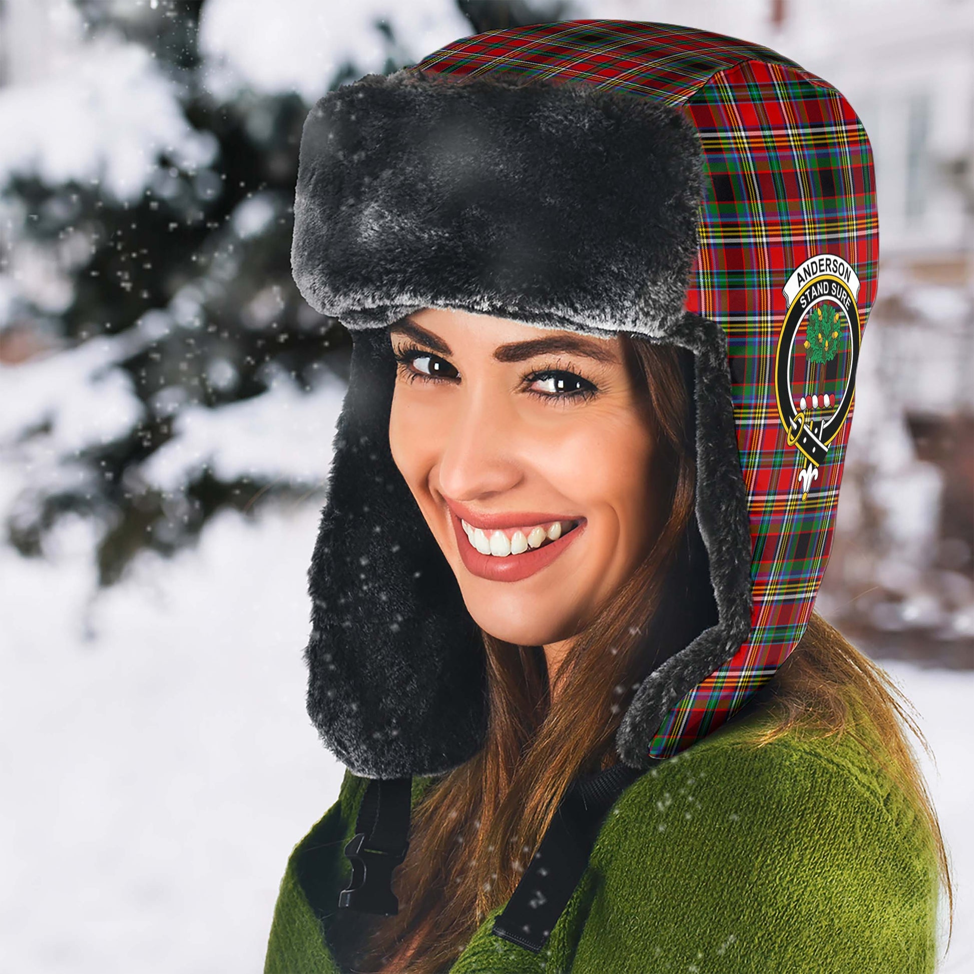 Anderson of Arbrake Tartan Winter Trapper Hat with Family Crest - Tartanvibesclothing