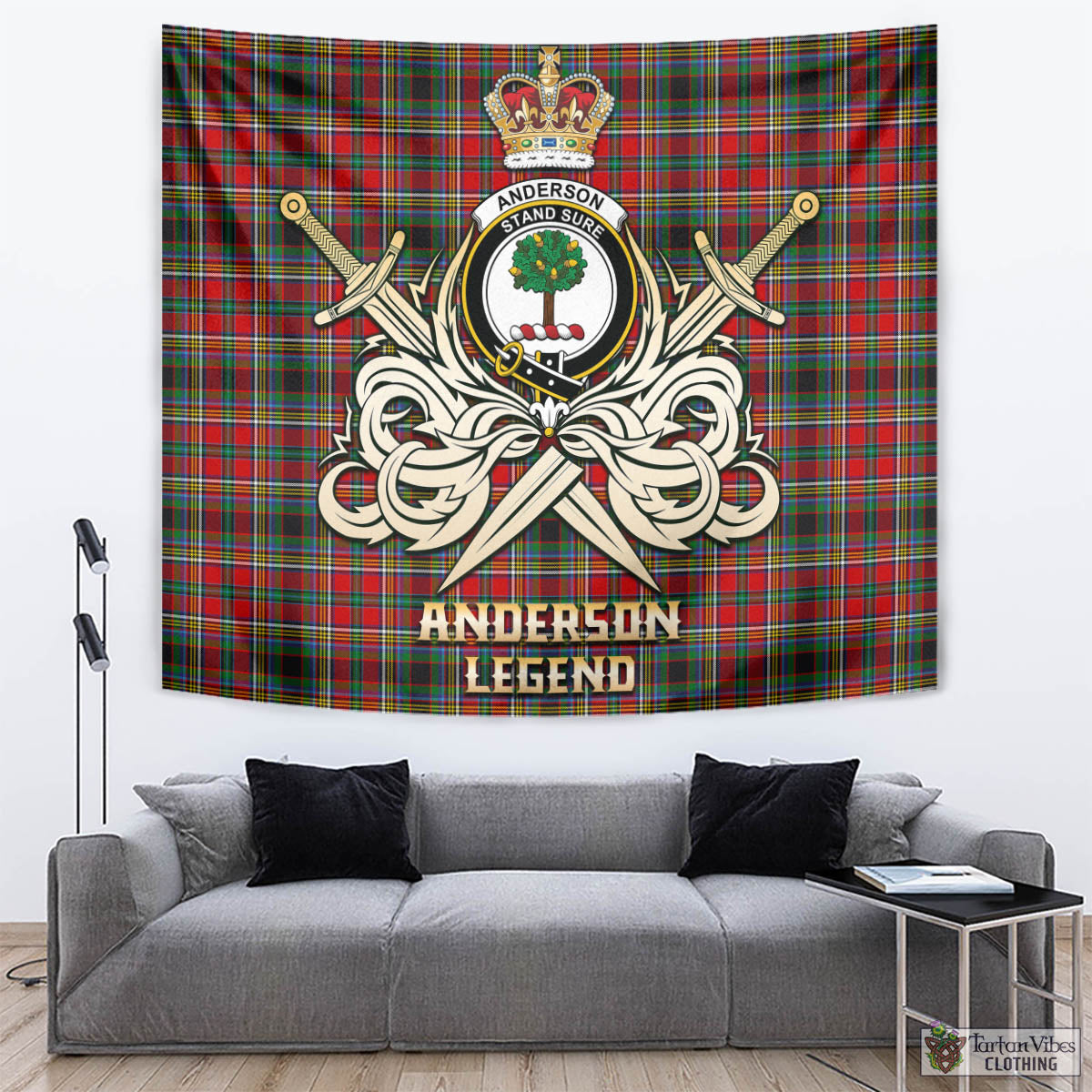 Tartan Vibes Clothing Anderson of Arbrake Tartan Tapestry with Clan Crest and the Golden Sword of Courageous Legacy