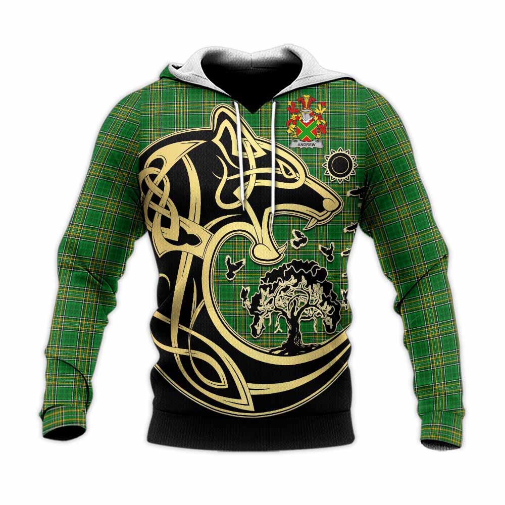 Tartan Vibes Clothing Andrew Irish Tartan Knitted Hoodie with Coat of Arms Celtic Wolf Style