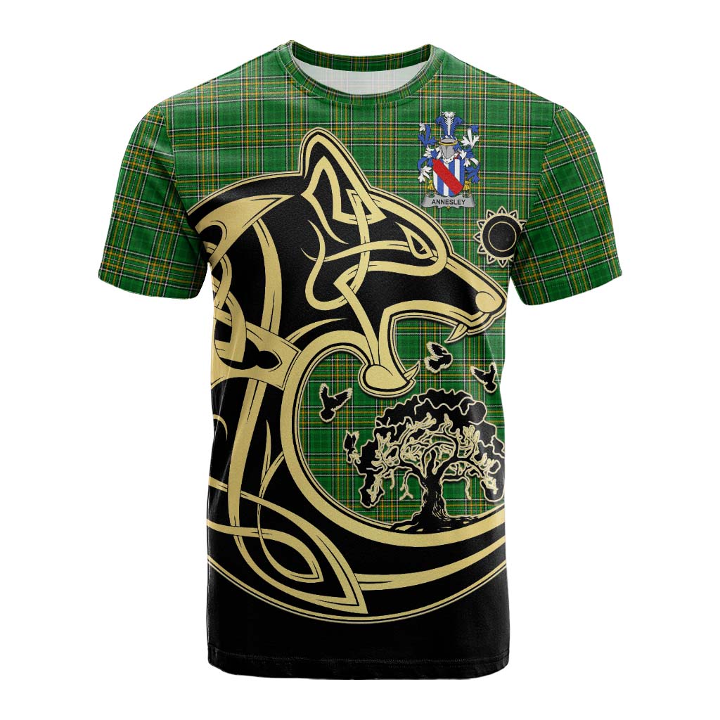 Tartan Vibes Clothing Annesley Irish Tartan Cotton T-shirt with Coat of Arms Celtic Wolf Style