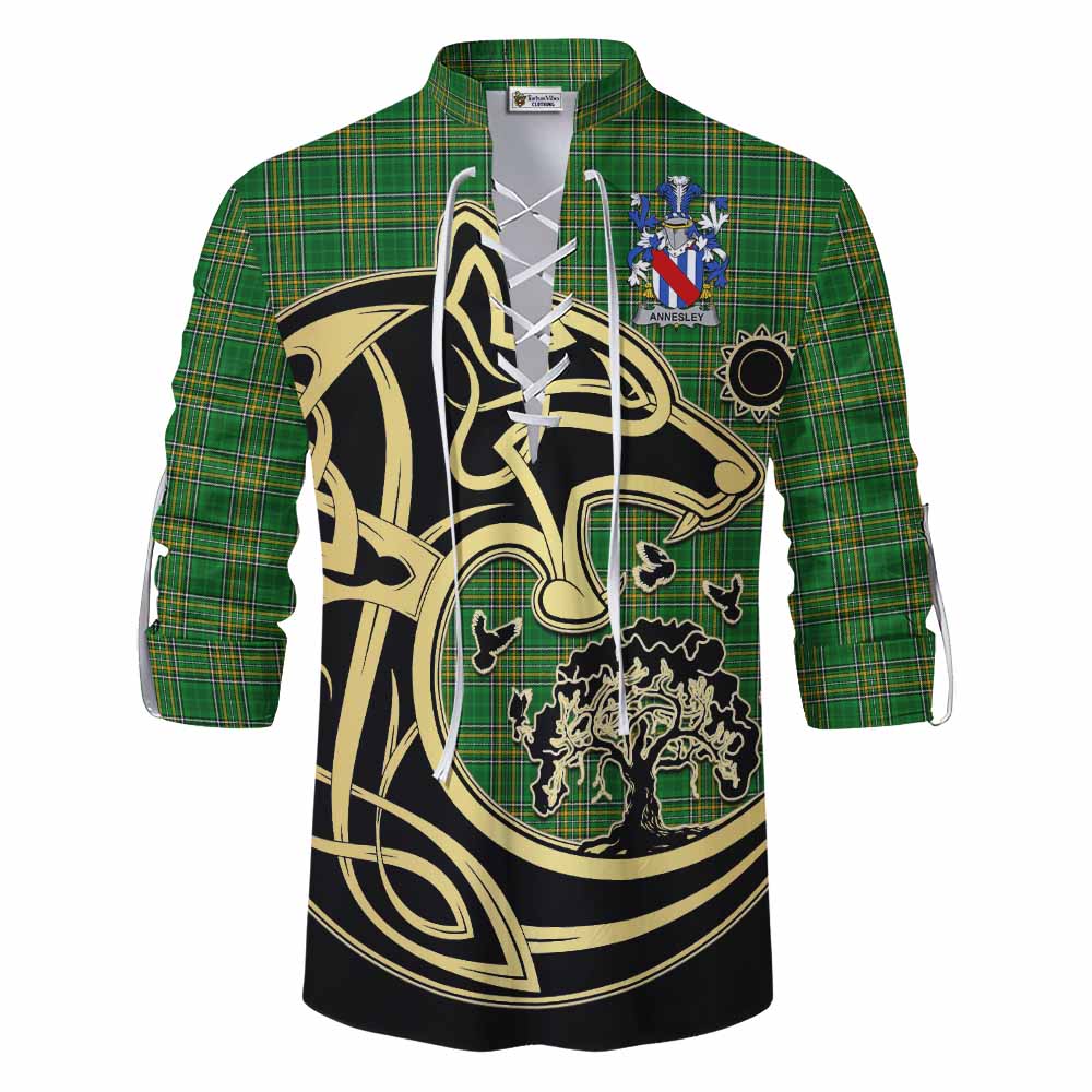 Tartan Vibes Clothing Annesley Irish Tartan Ghillie Kilt Shirt with Coat of Arms Celtic Wolf Style