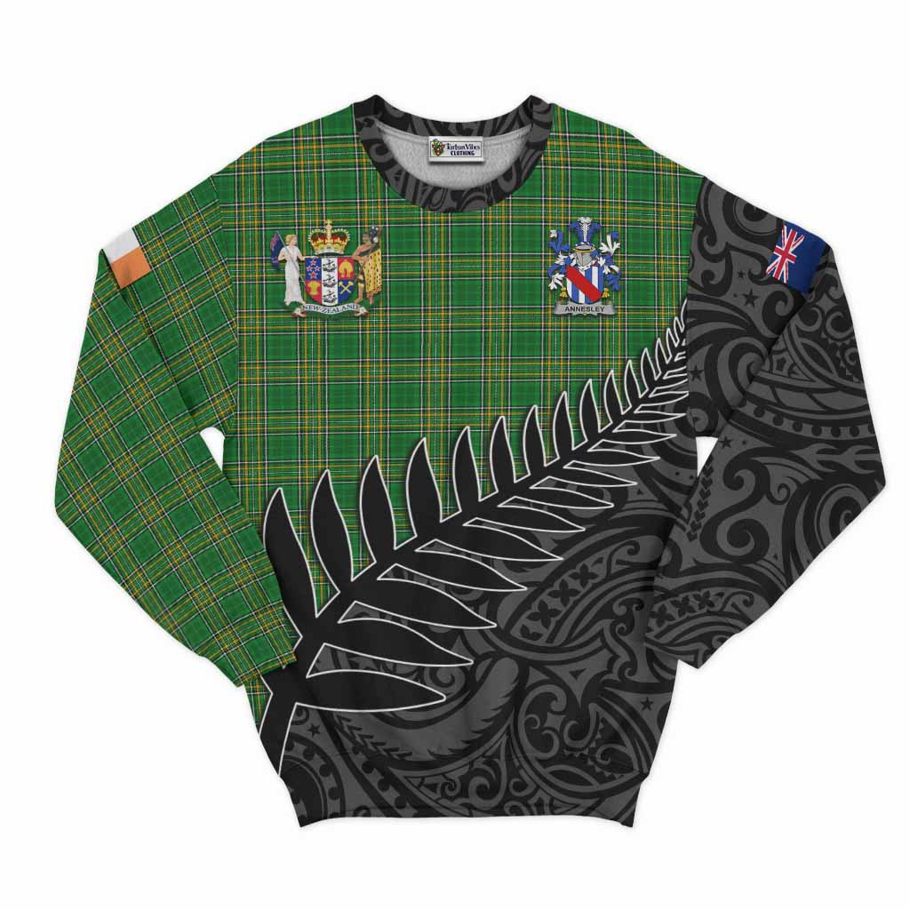 Tartan Vibes Clothing Annesley Irish Clan Tartan Sweatshirt with Coat of Arms New Zealand Silver Fern Half Style