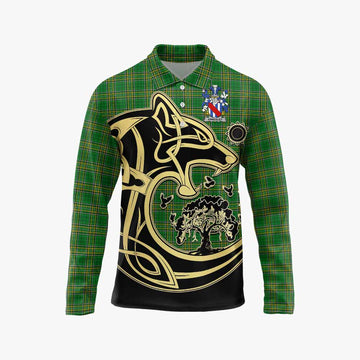 Annesley Irish Tartan Long Sleeve Polo Shirt with Coat of Arms Celtic Wolf Style