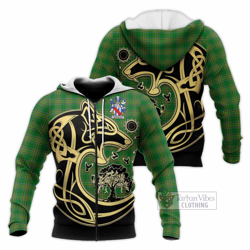 Tartan Vibes Clothing Annesley Irish Tartan Knitted Hoodie with Coat of Arms Celtic Wolf Style