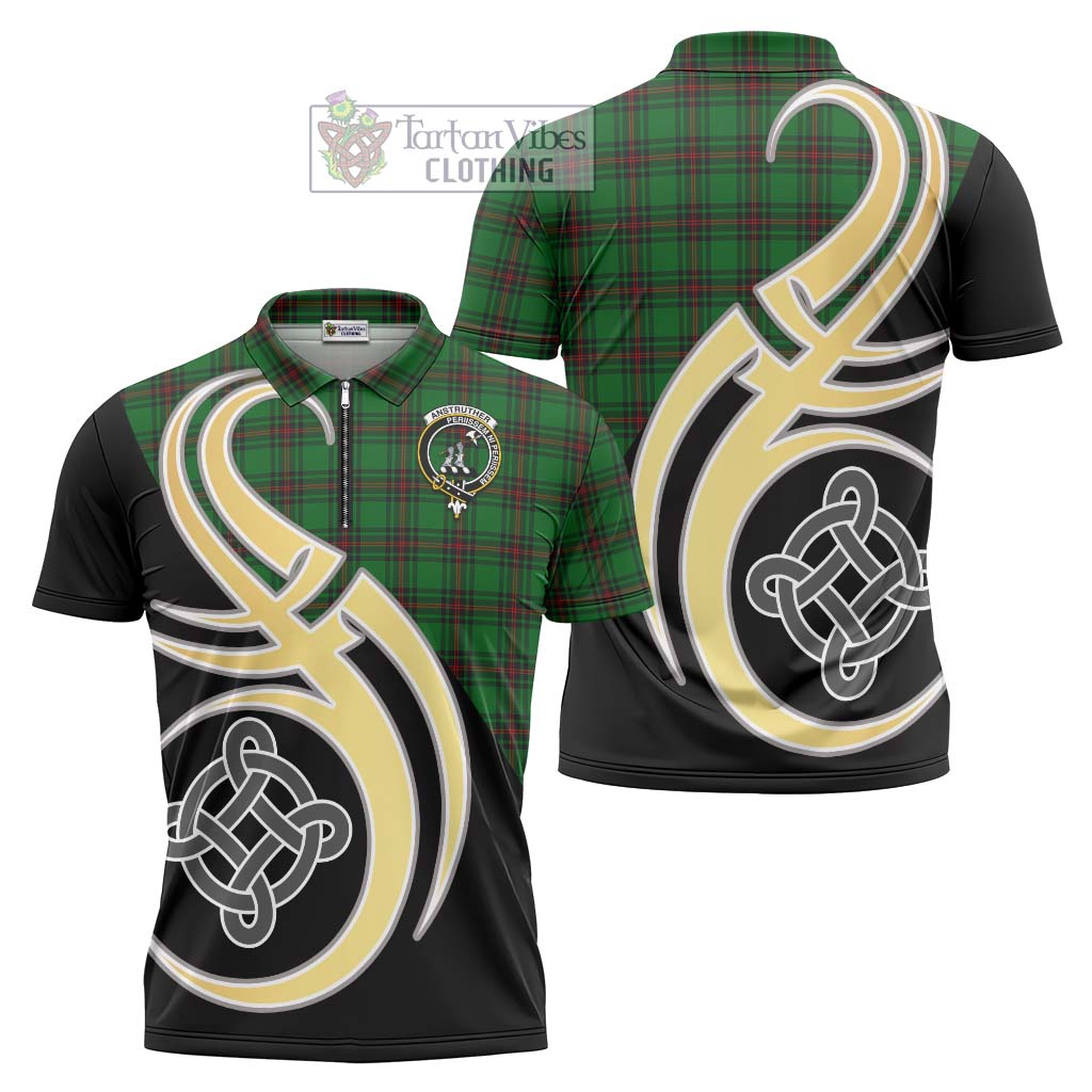 Tartan Vibes Clothing Anstruther Tartan Zipper Polo Shirt with Family Crest and Celtic Symbol Style